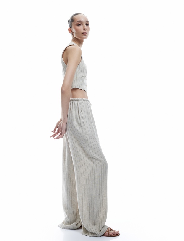 Beli Bağcıklı Keten Karışımlı Rahat Kalıp Çizgili Geniş Paça Pantolon_0