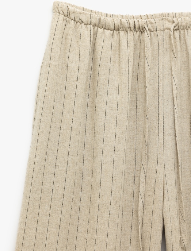 Beli Bağcıklı Keten Karışımlı Rahat Kalıp Çizgili Geniş Paça Pantolon_4