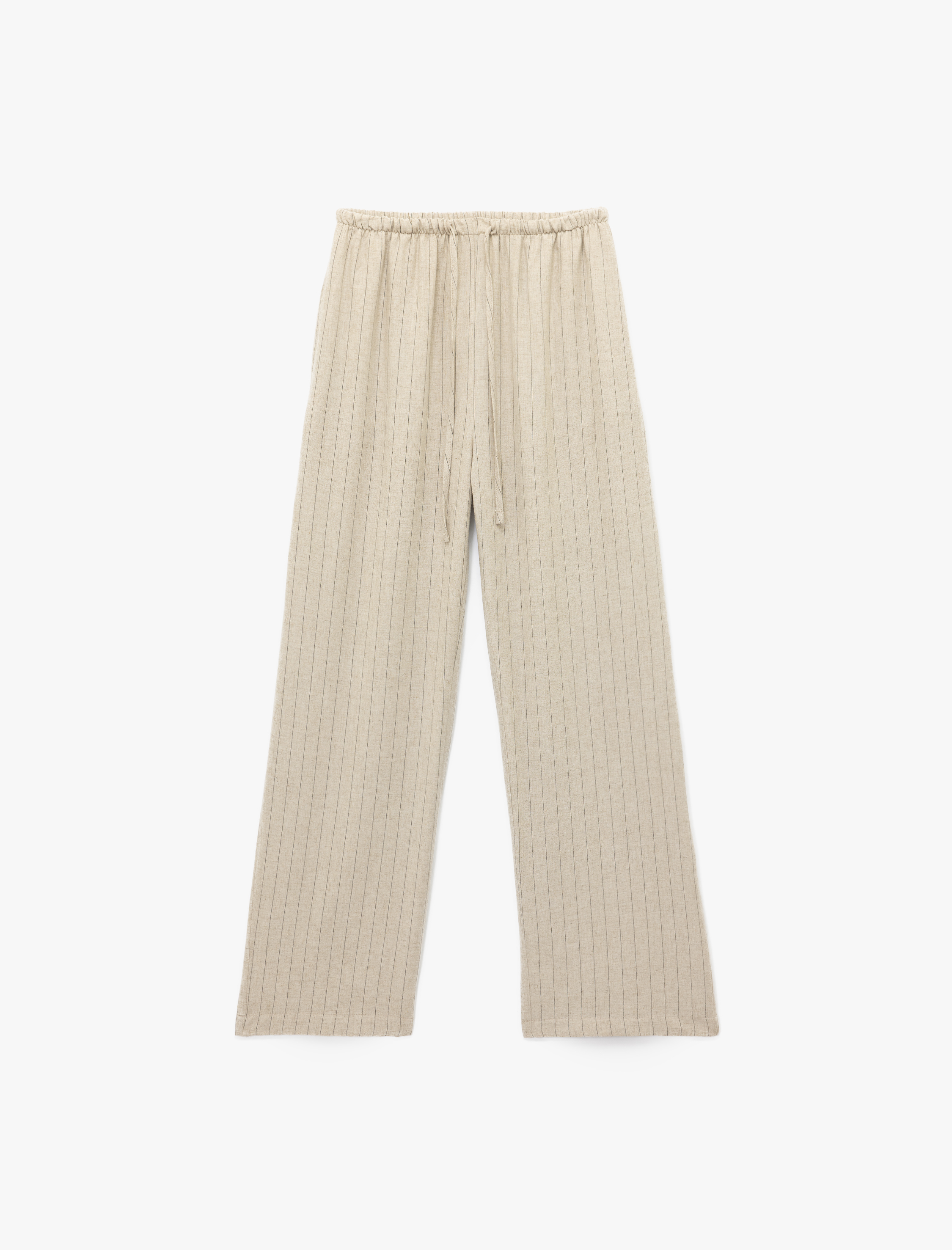 Beli Bağcıklı Keten Karışımlı Rahat Kalıp Çizgili Geniş Paça Pantolon