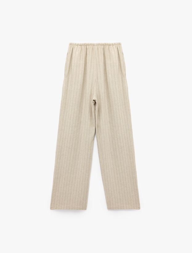Beli Bağcıklı Keten Karışımlı Rahat Kalıp Çizgili Geniş Paça Pantolon_3