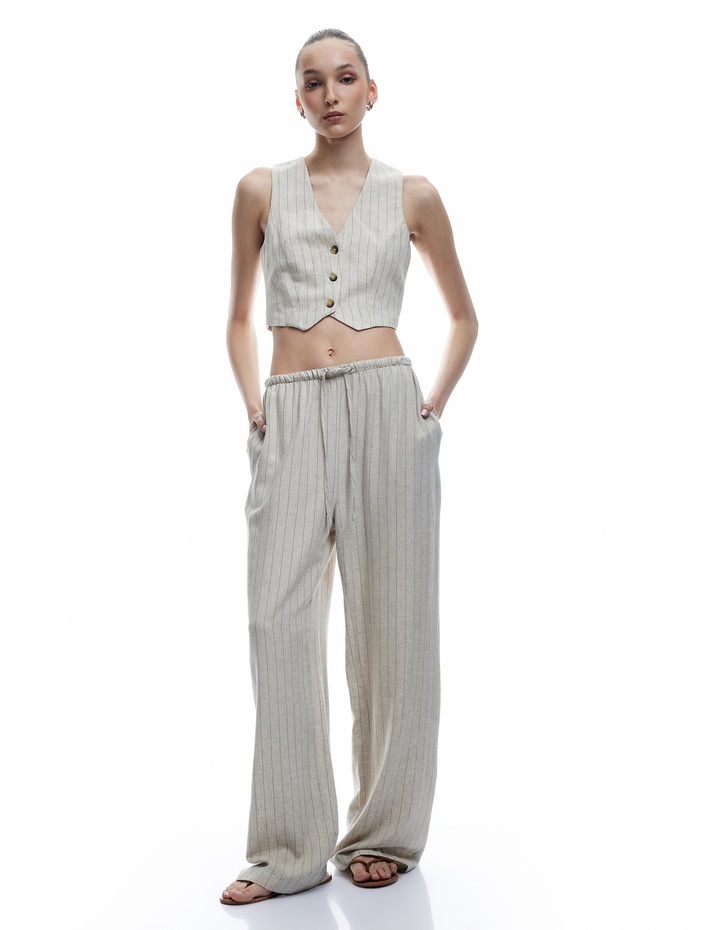  Beli Bağcıklı Keten Karışımlı Rahat Kalıp Çizgili Geniş Paça Pantolon