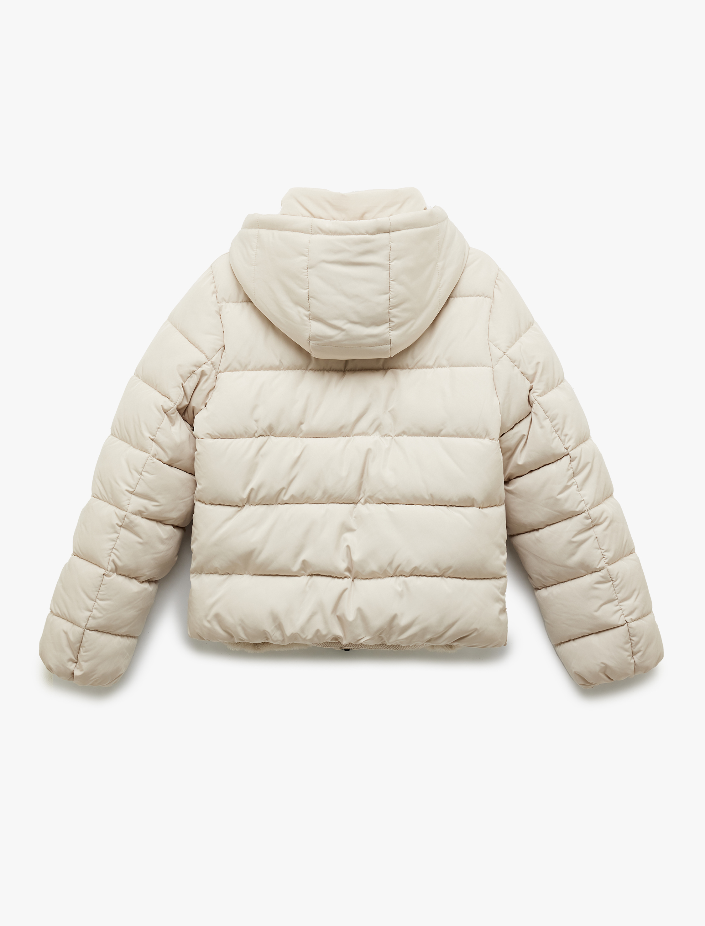   Kapüşonlu Uzun Kollu İçi Suni Kürklü Fermuarlı Cepli Şişme Mont