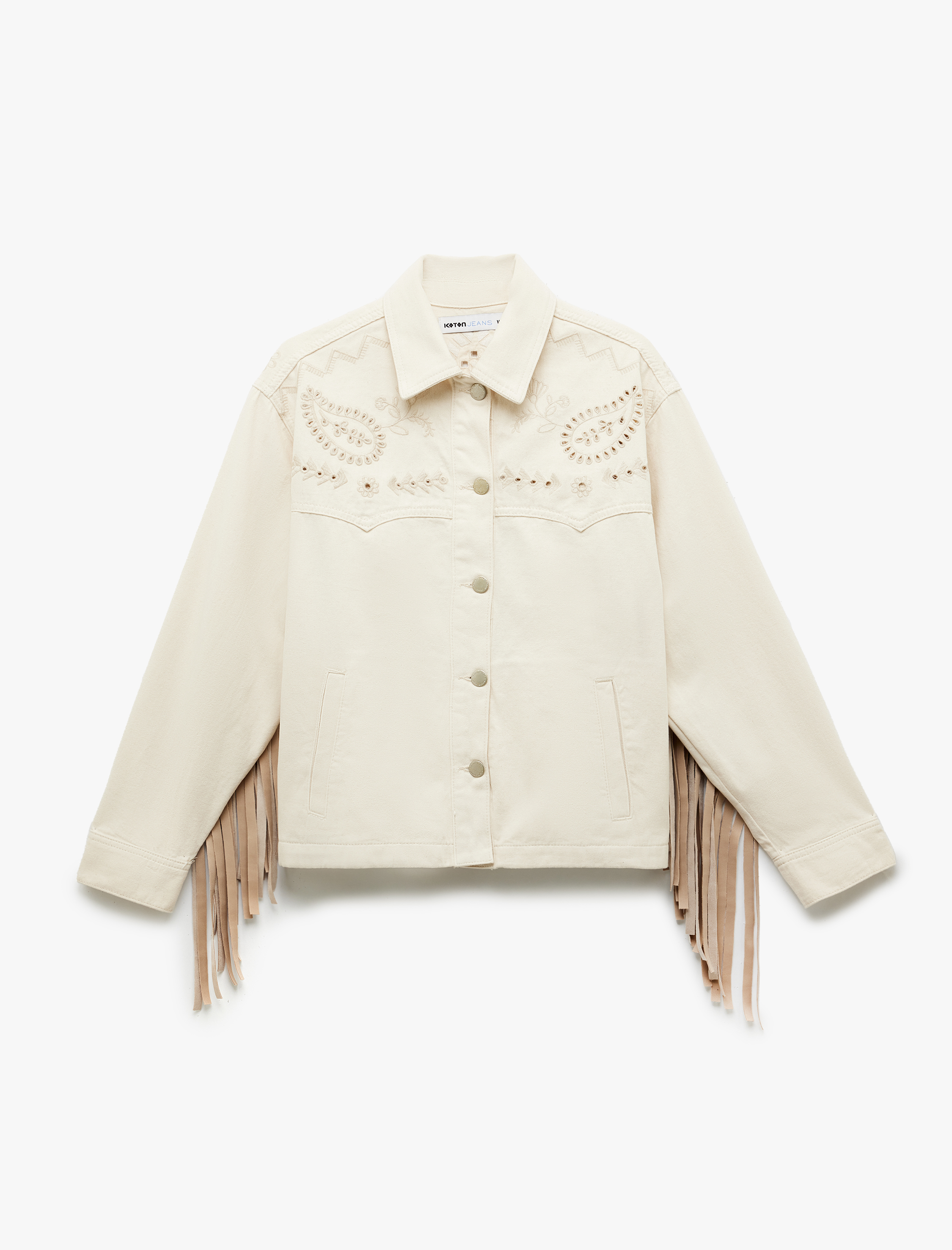   Uzun Kollu Klasik Yaka Nakış Detaylı Düğmeli Cepli Püsküllü Gömlek Ceket