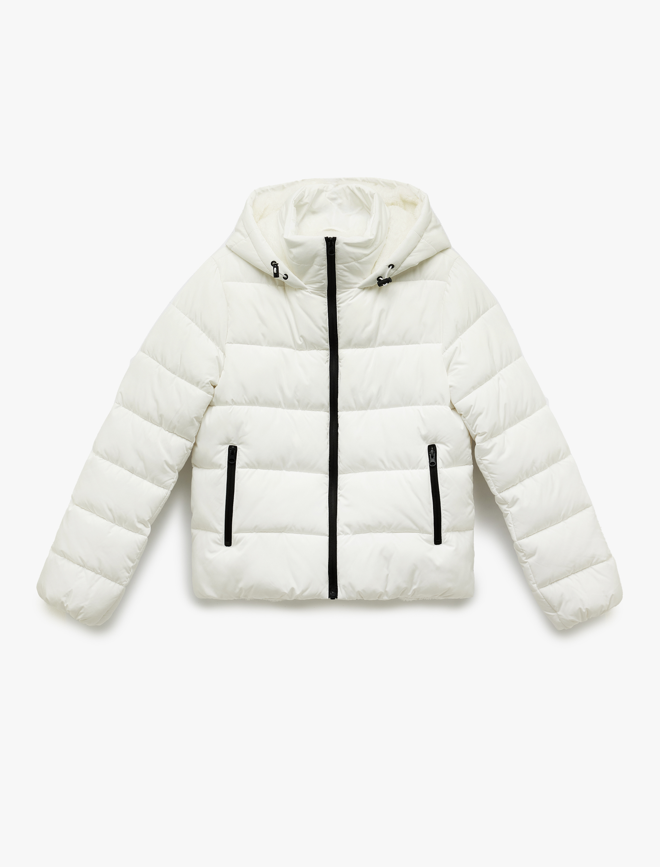   Kapüşonlu Uzun Kollu İçi Suni Kürklü Fermuarlı Cepli Şişme Mont