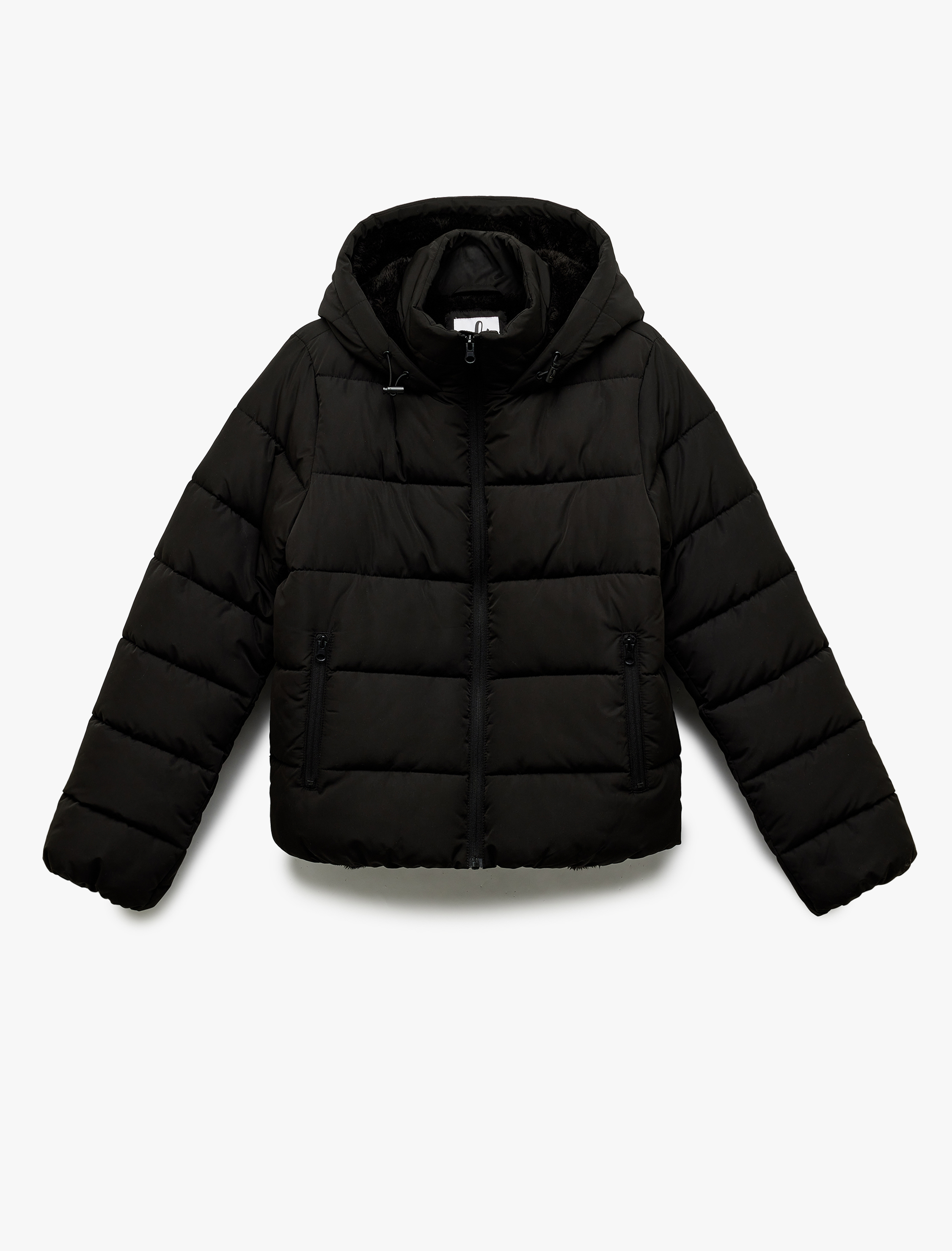   Kapüşonlu Uzun Kollu İçi Suni Kürklü Fermuarlı Cepli Şişme Mont