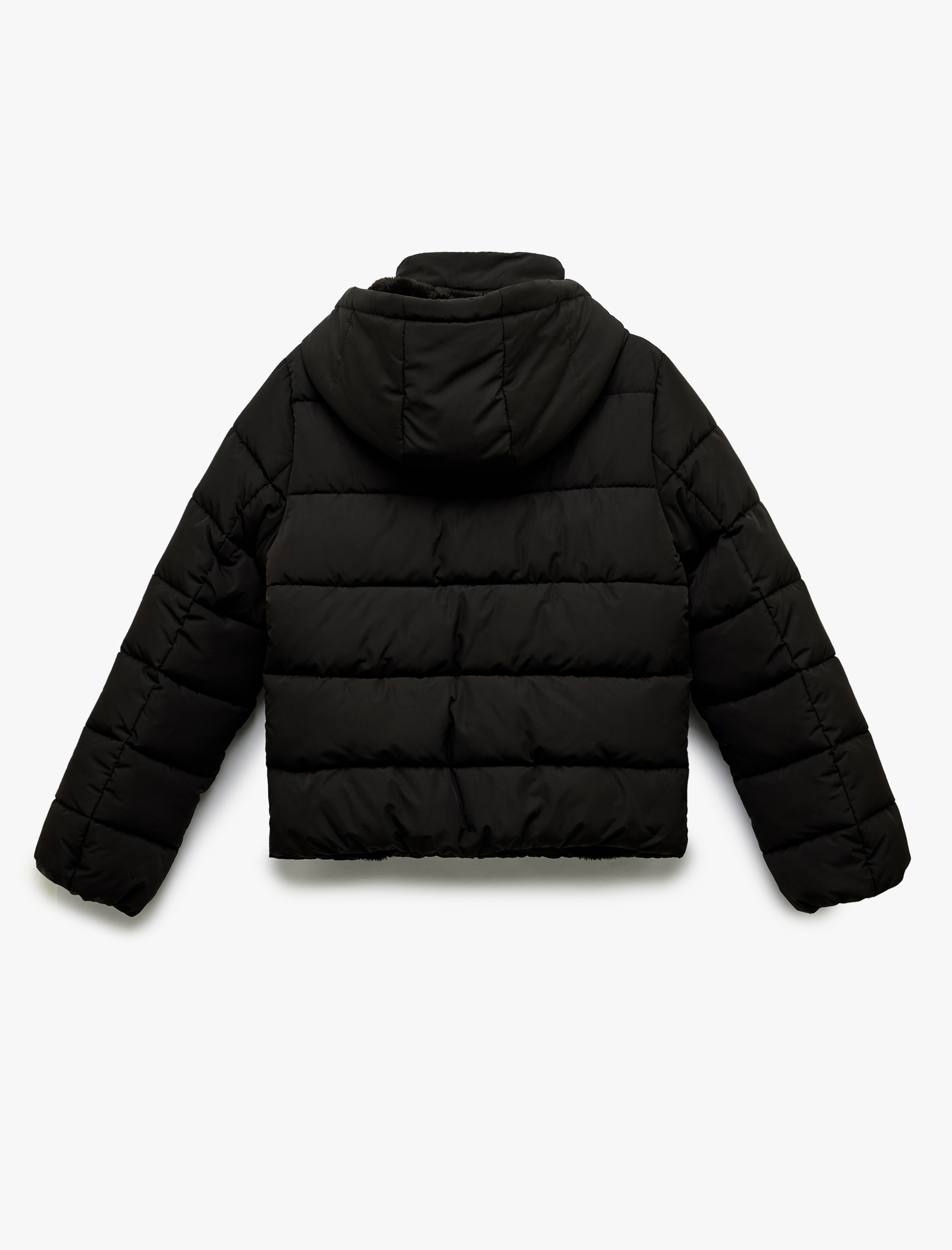   Kapüşonlu Uzun Kollu İçi Suni Kürklü Fermuarlı Cepli Şişme Mont