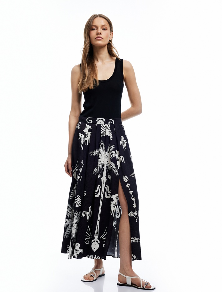  Etnik Desenli Viskon Kumaş Çan Kesim Uzun Kloş Etek