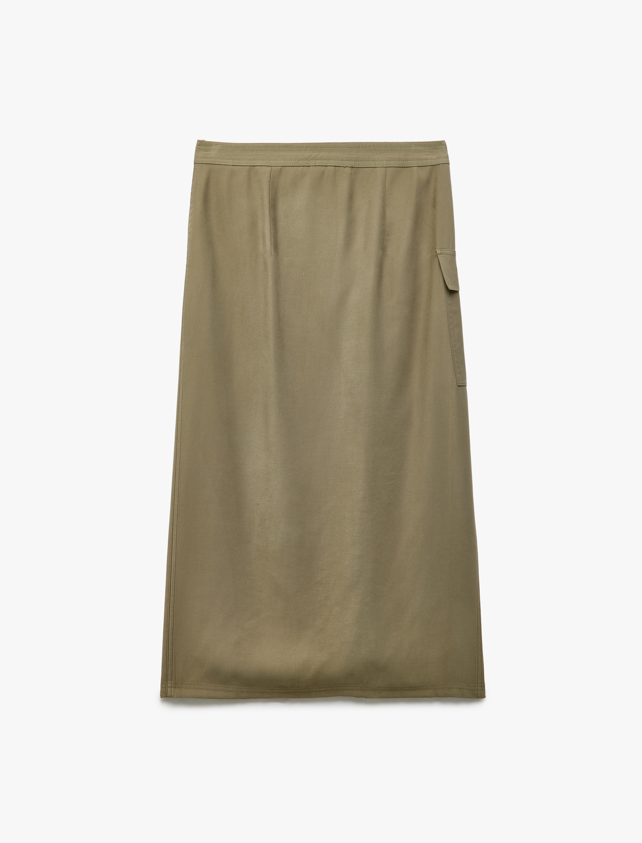   Cupro Kumaş Asimetrik Kesim Kemerli Kargo Cepli Uzun Kruvaze Etek