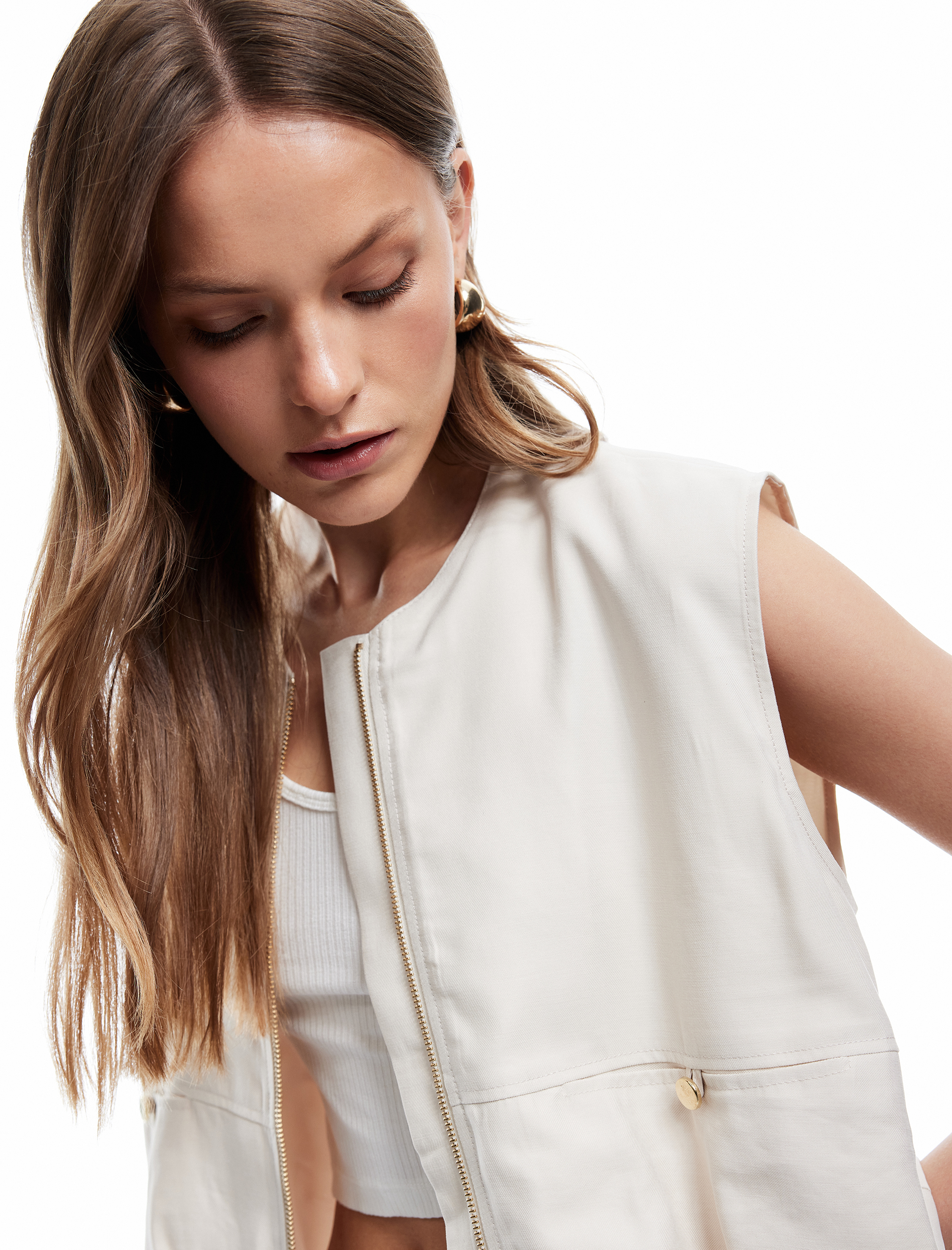   Astarlı Viskon Kumaş Fermuarlı Bisiklet Yaka Kolsuz Yelek