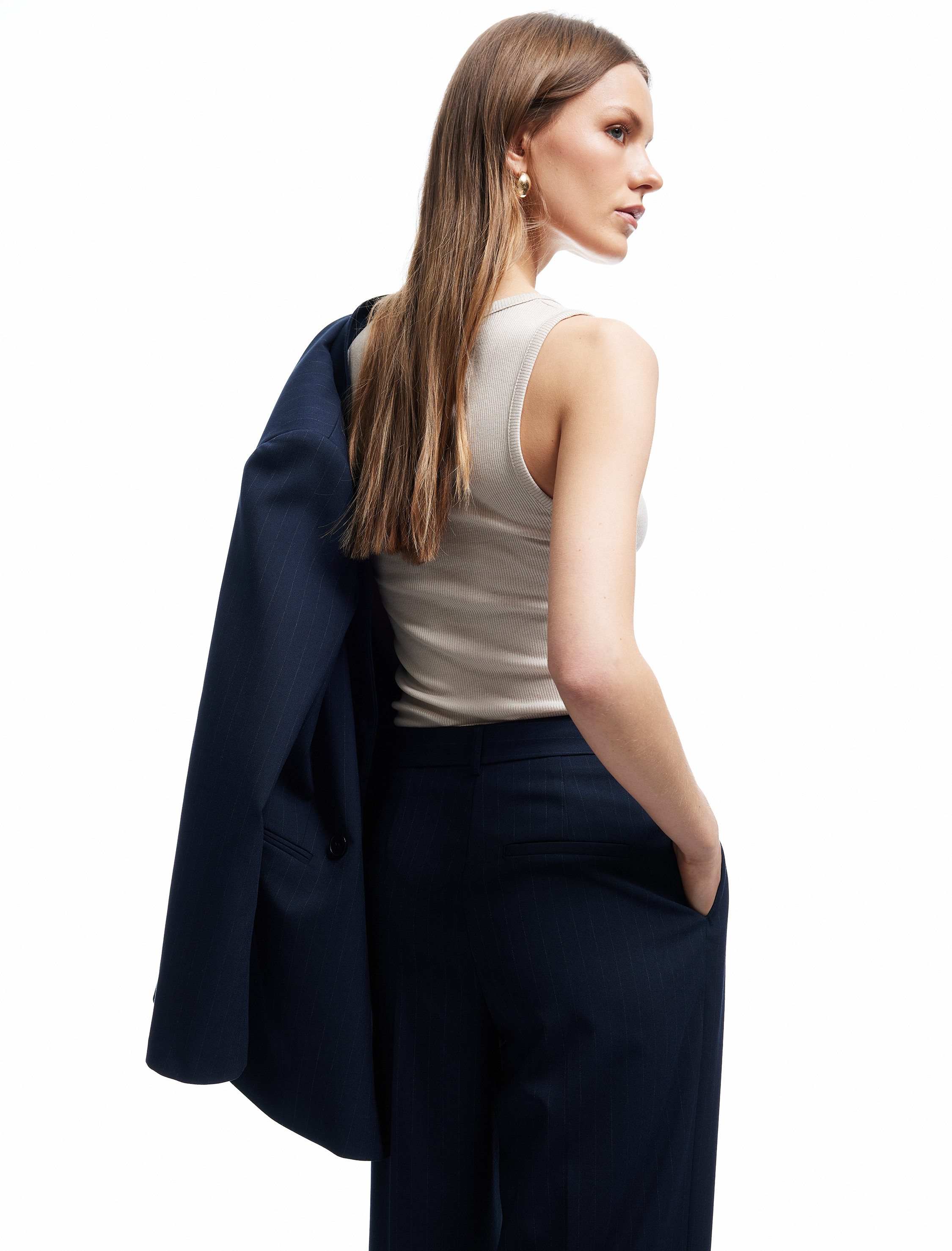   Pile Detaylı Yüksek Bel Geniş Paça Viskon Kumaş Pantolon