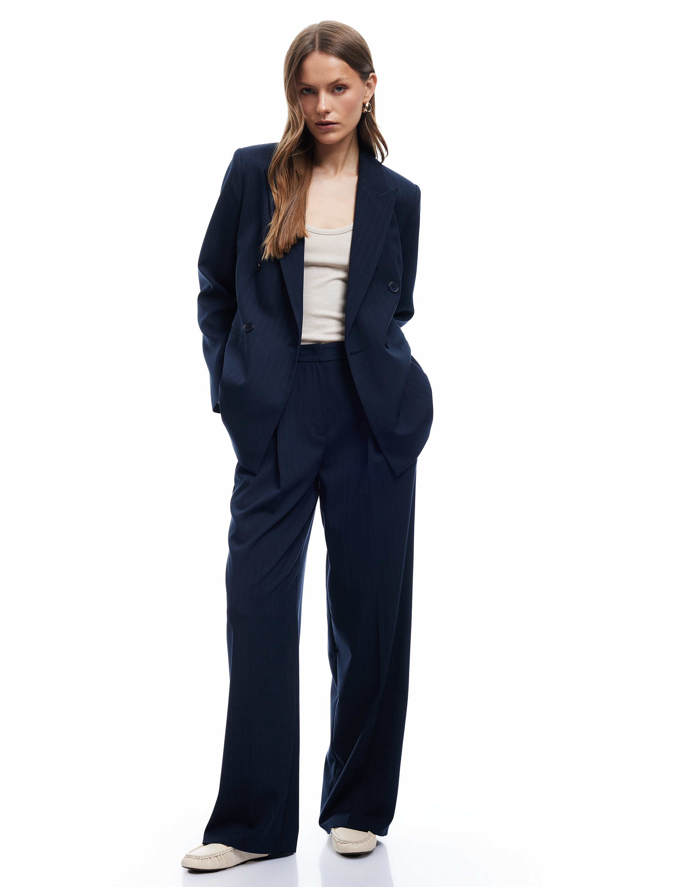   Pile Detaylı Yüksek Bel Geniş Paça Viskon Kumaş Pantolon