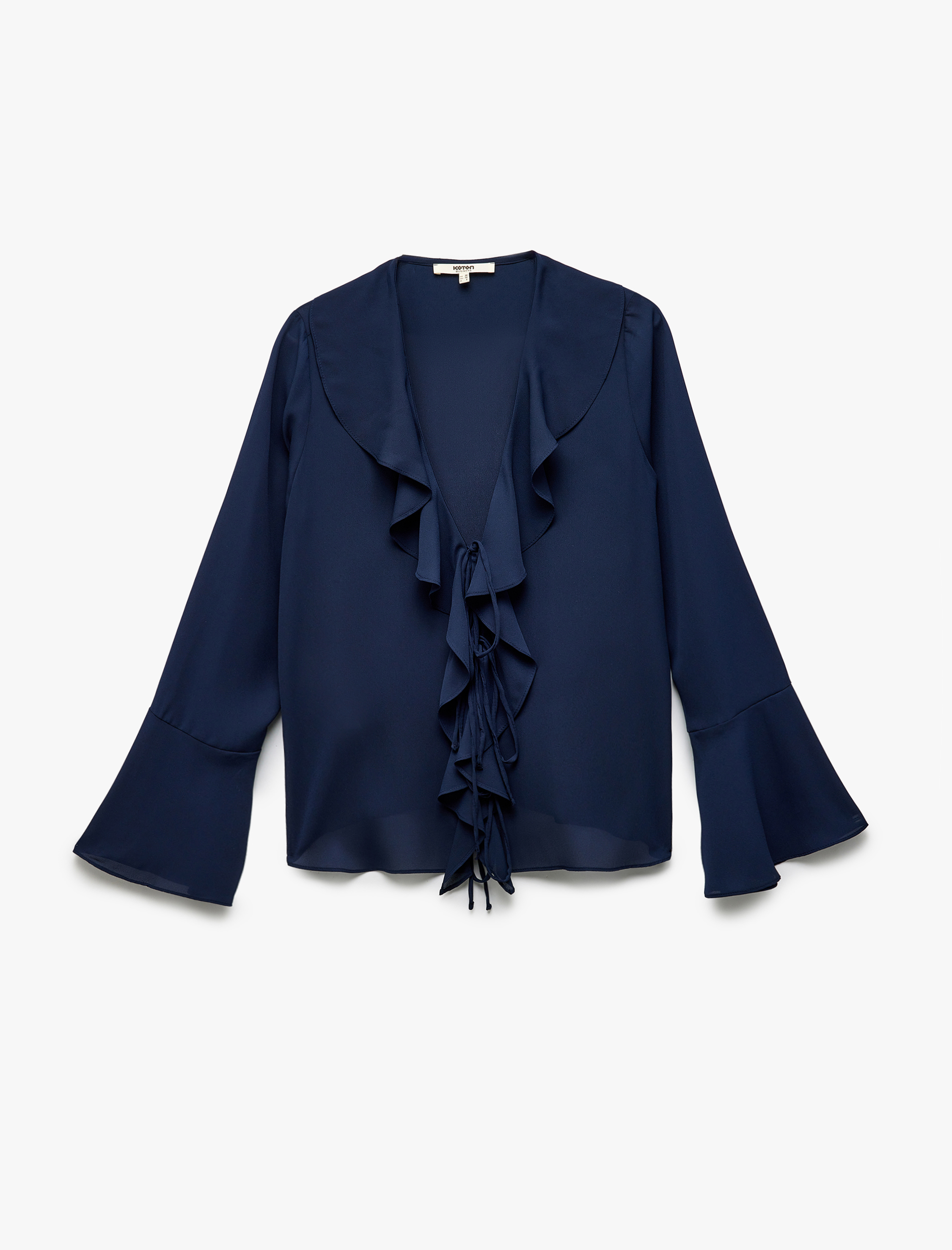   Uzun İspanyol Kol V Yaka Fiyonk Detaylı Bağlamalı Krep Fırfırlı Gömlek