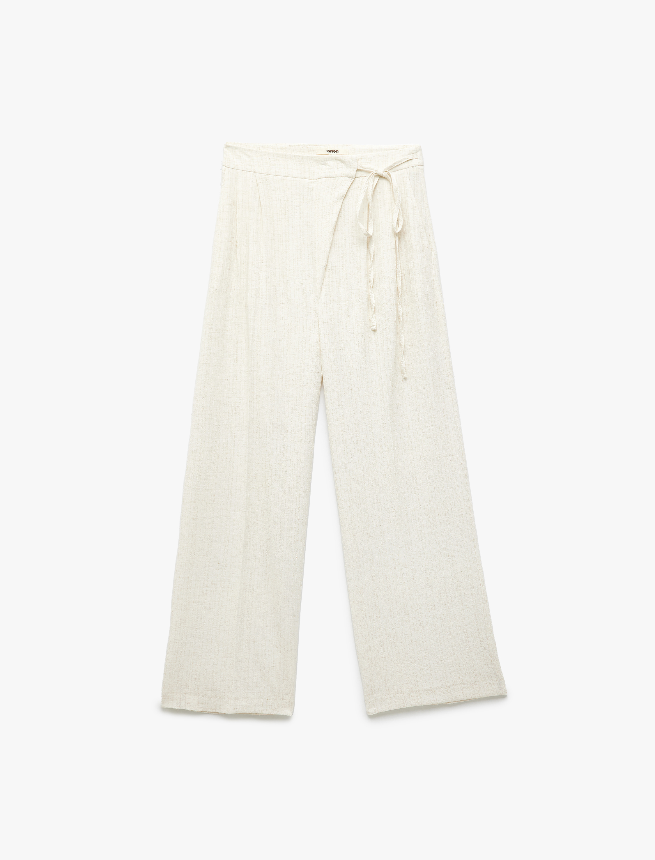   Viskon Keten Karışımlı Cepli Beli Bağlamalı Asimetrik Geniş Paça Pantolon