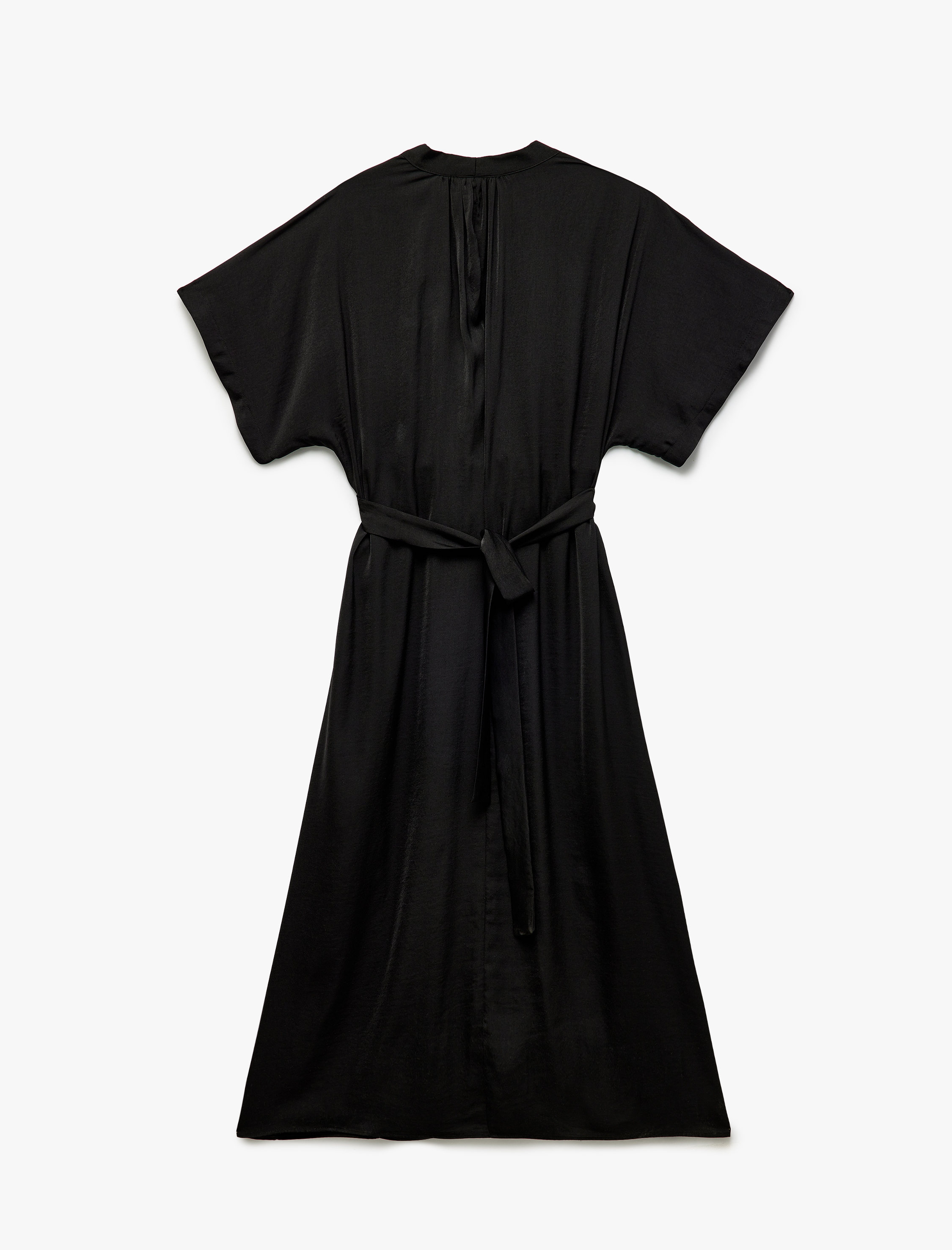   Aerobin Kumaş Kemerli Kısa Kollu V Yaka Uzun Kruvaze Saten Elbise