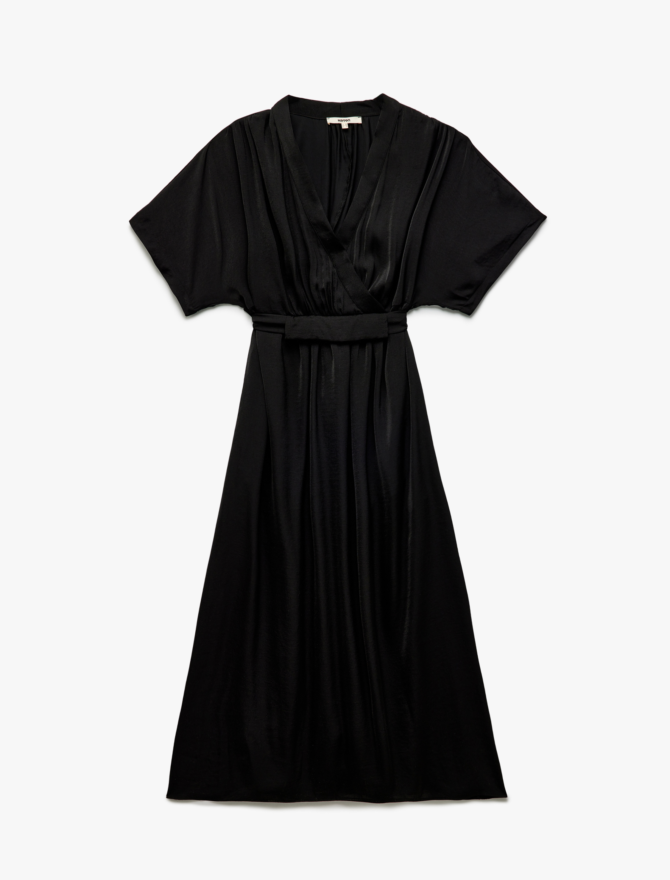   Aerobin Kumaş Kemerli Kısa Kollu V Yaka Uzun Kruvaze Saten Elbise