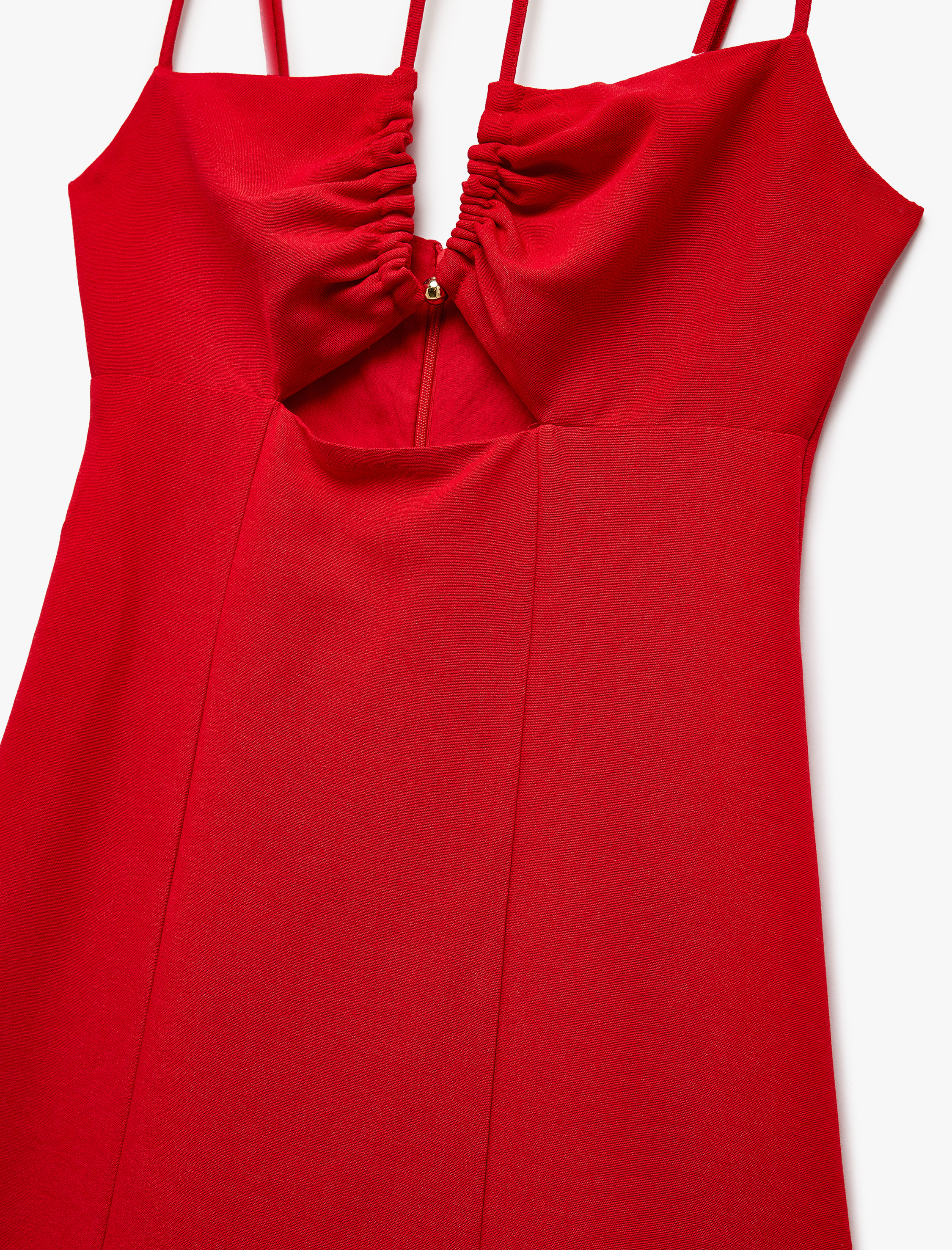   Keten Karışımlı Astarlı Pencere Detaylı Drapeli Boyundan Bağlamalı İnce Askılı Mini Elbise