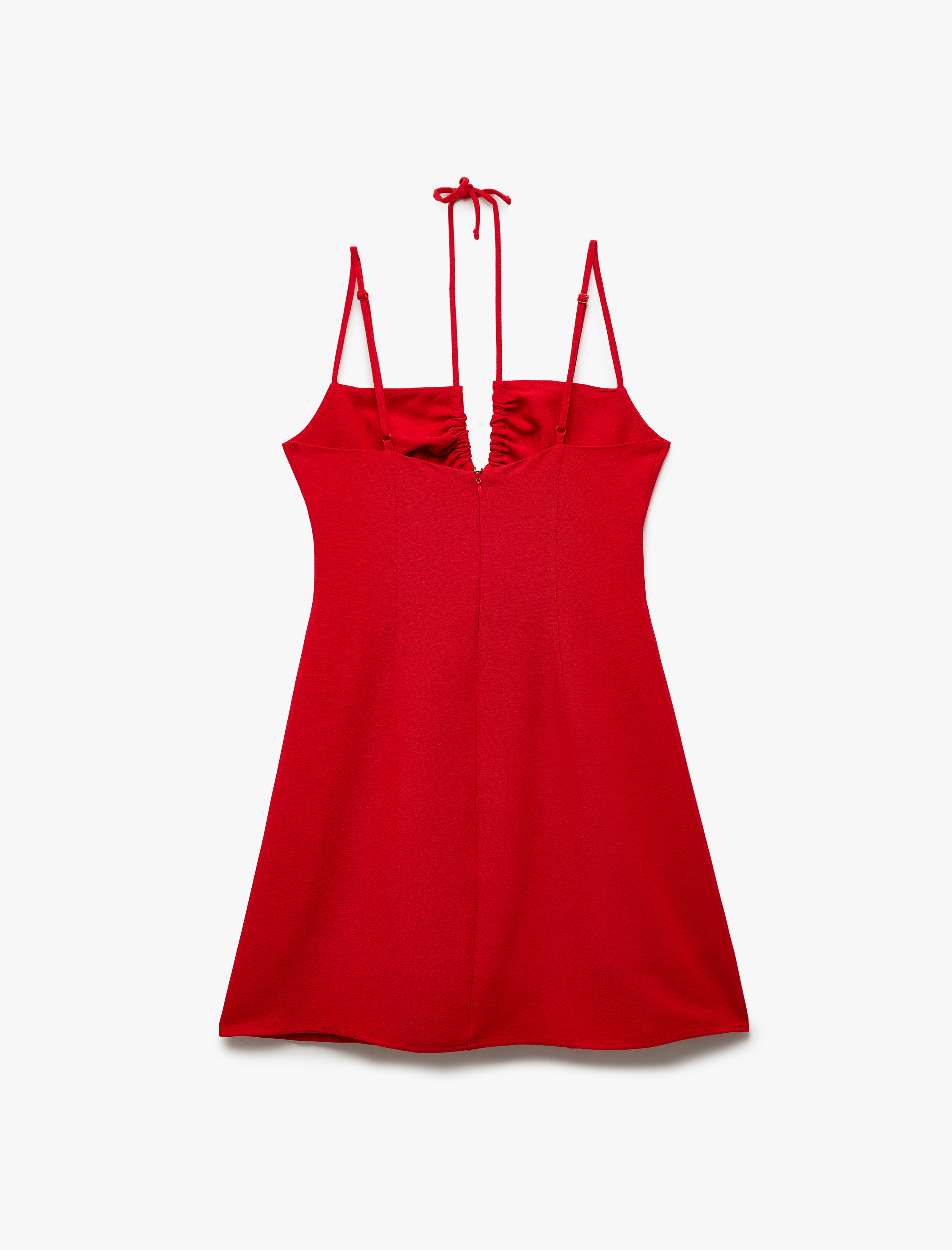   Keten Karışımlı Astarlı Pencere Detaylı Drapeli Boyundan Bağlamalı İnce Askılı Mini Elbise