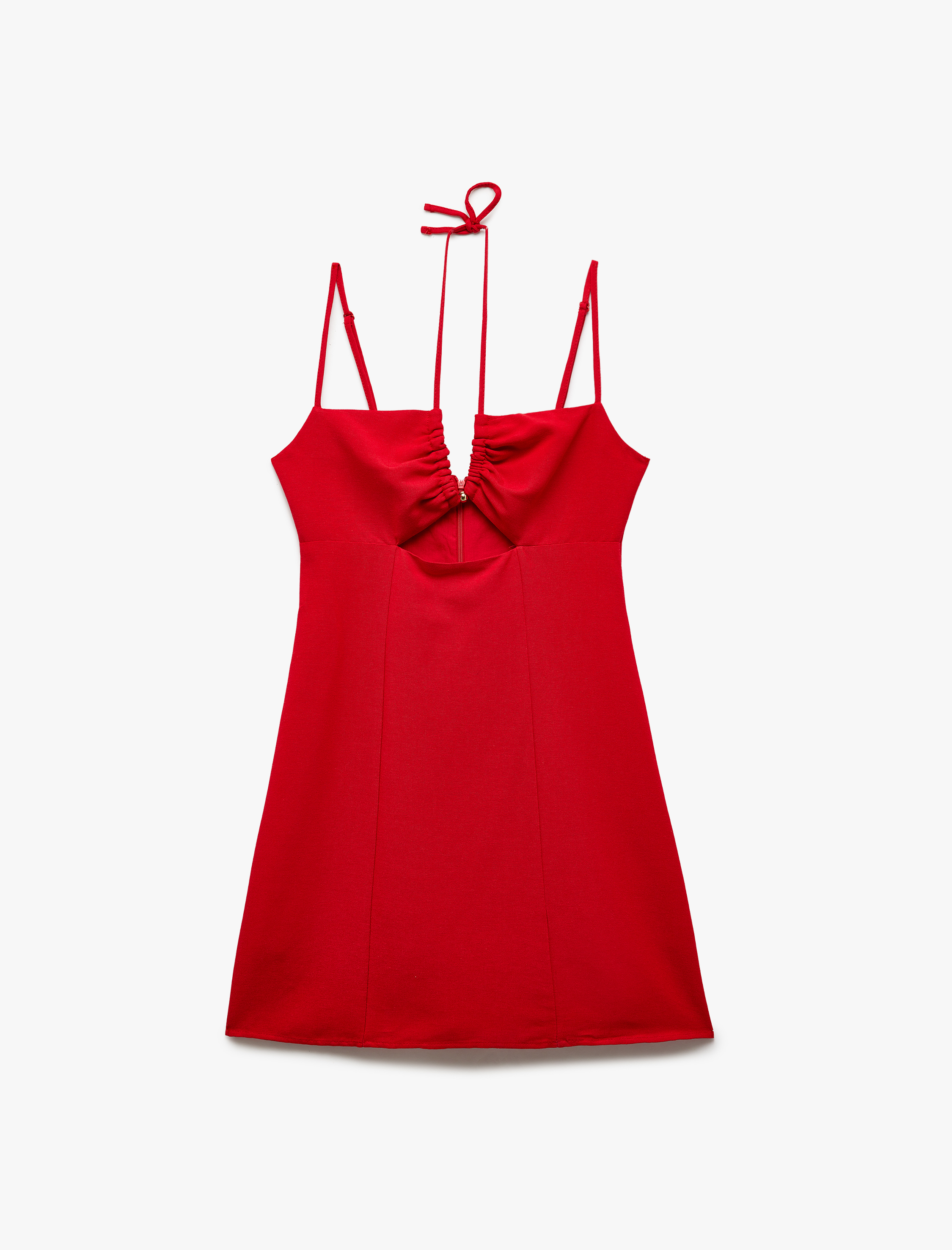   Keten Karışımlı Astarlı Pencere Detaylı Drapeli Boyundan Bağlamalı İnce Askılı Mini Elbise