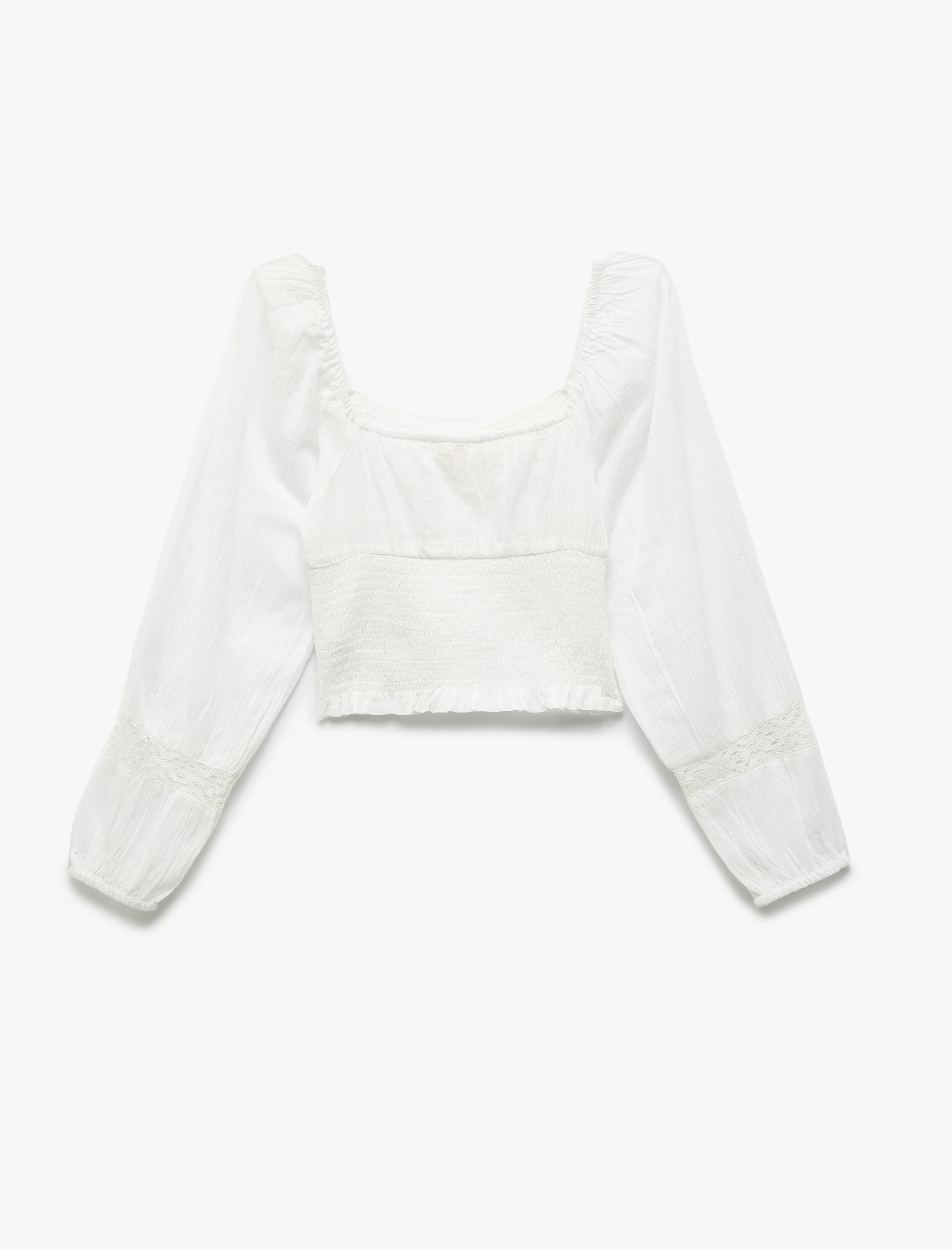   Pamuklu Fistolu Gipe Detaylı Kare Yaka Uzun Balon Kollu Bluz