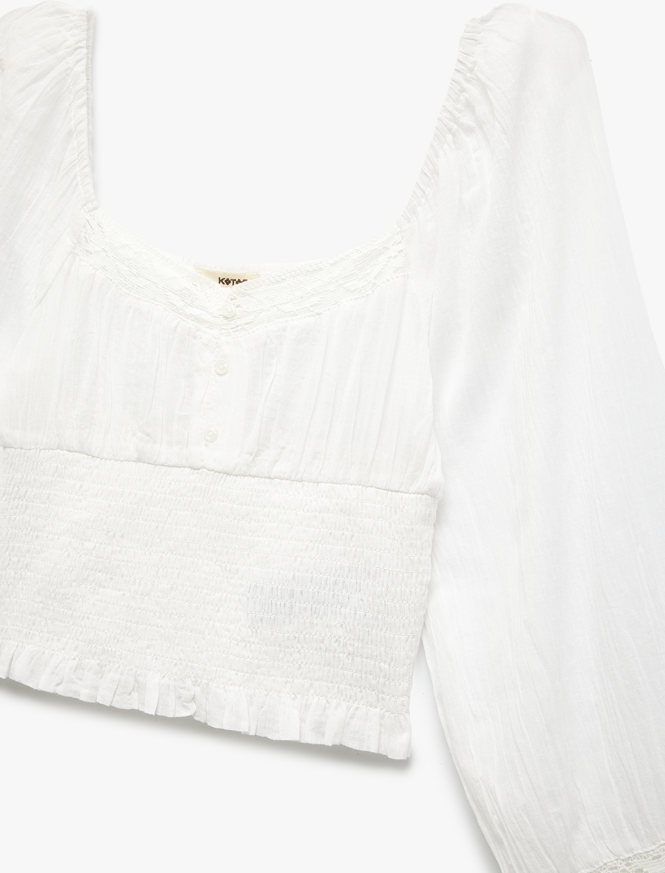   Pamuklu Fistolu Gipe Detaylı Kare Yaka Uzun Balon Kollu Bluz