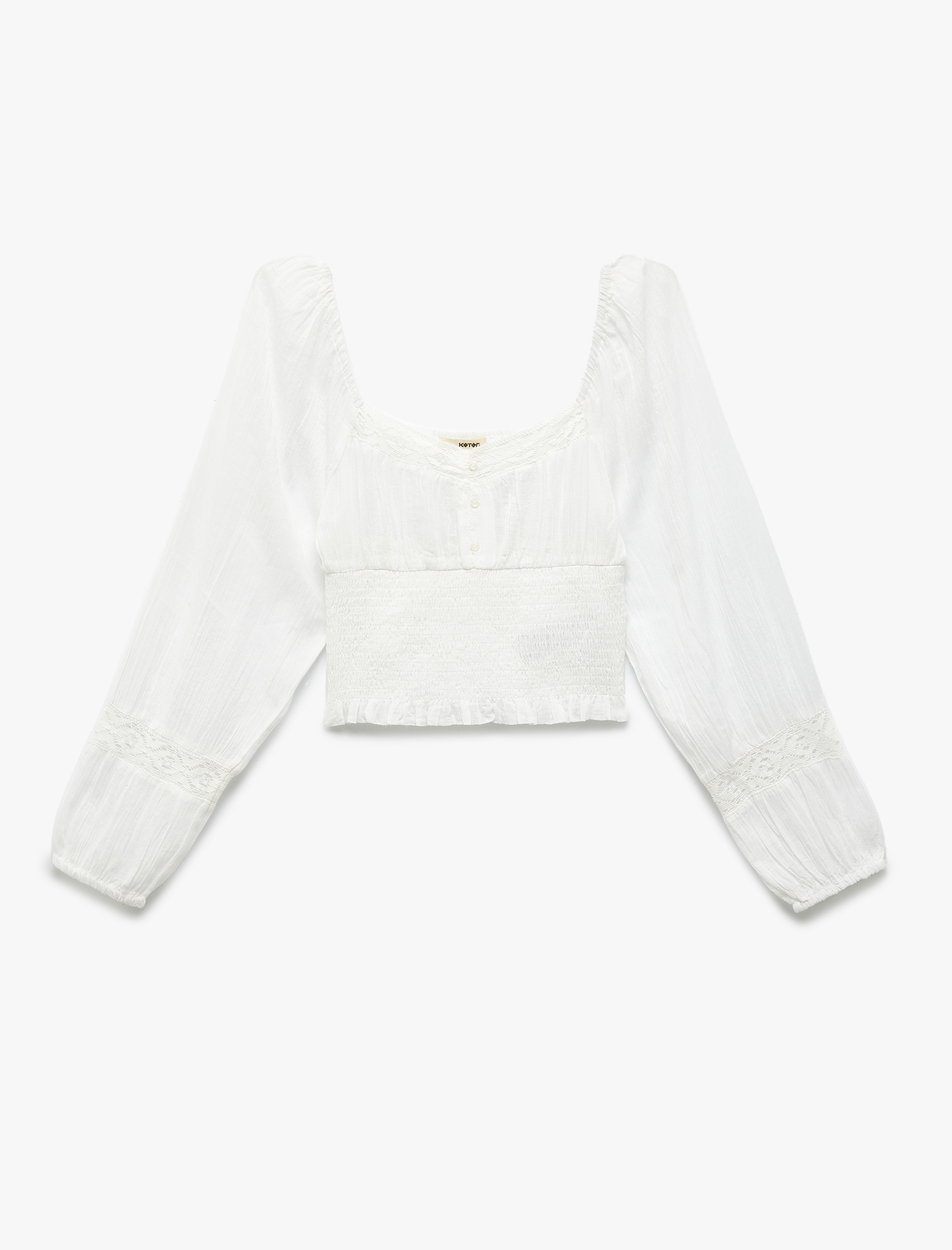   Pamuklu Fistolu Gipe Detaylı Kare Yaka Uzun Balon Kollu Bluz