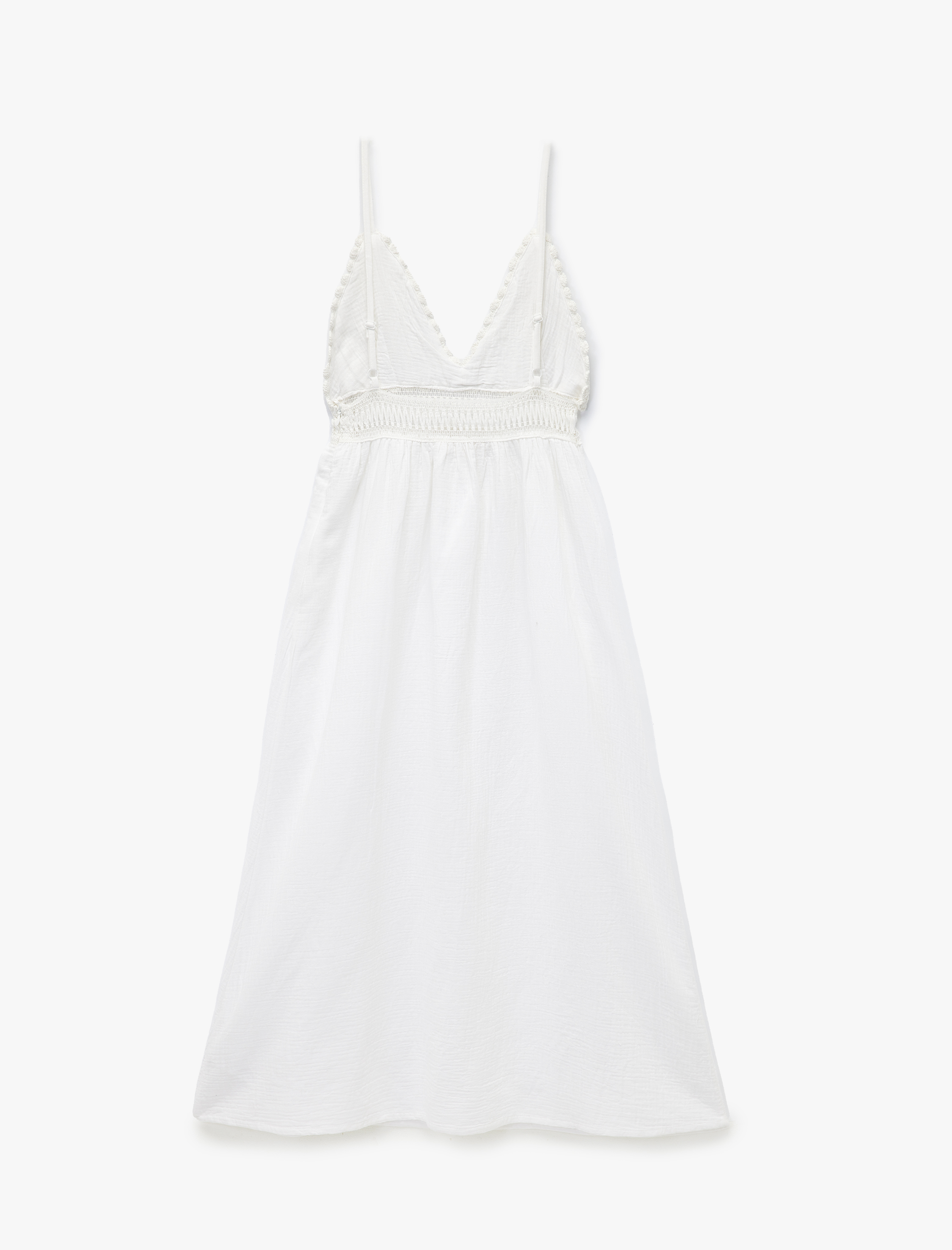   Pamuklu Astarsız İnce Askılı Kroşe Detaylı Müslin Elbise