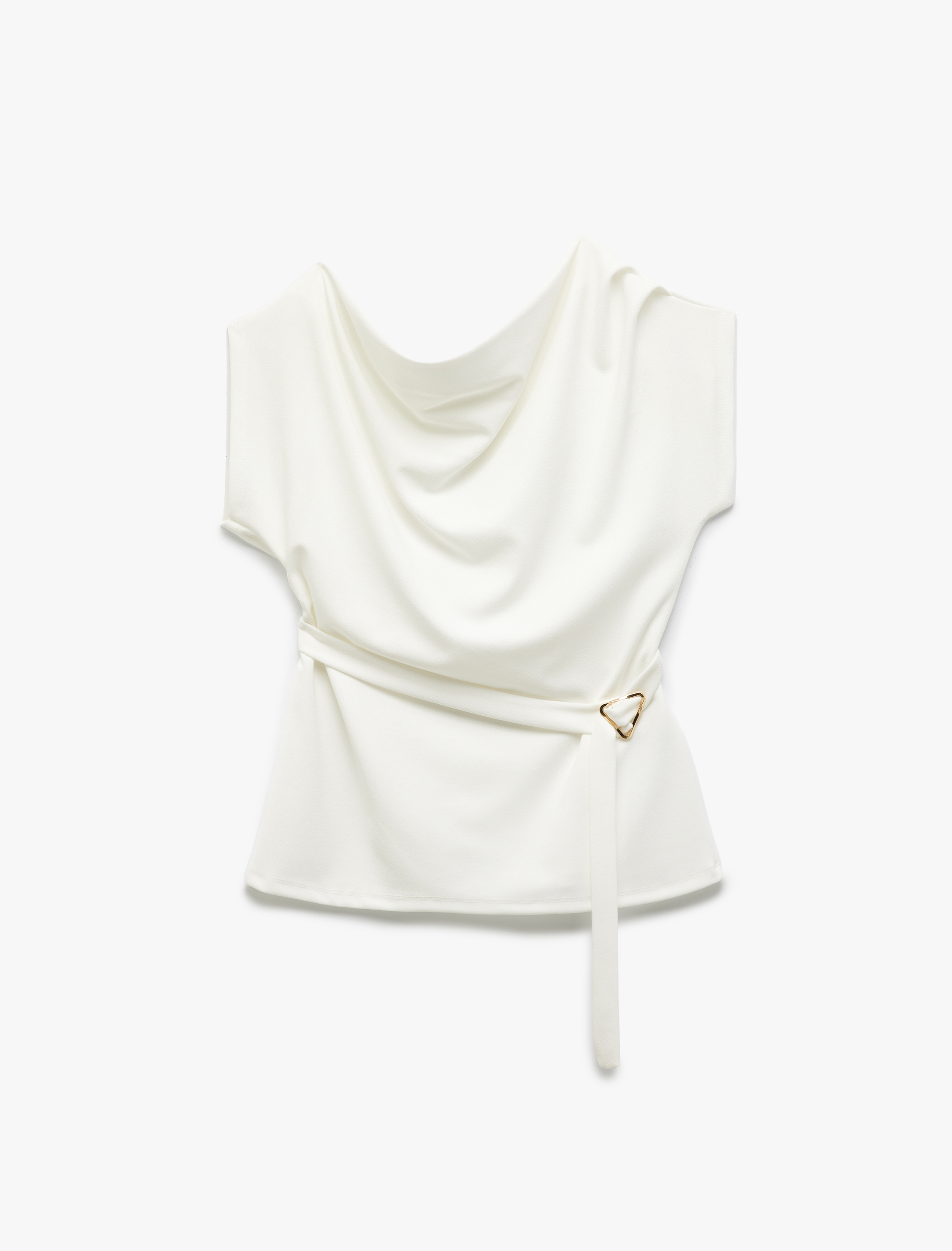   Krep Scuba Kumaş Degaje Yaka Metal Aksesuarlı Kemerli Kolsuz Bluz