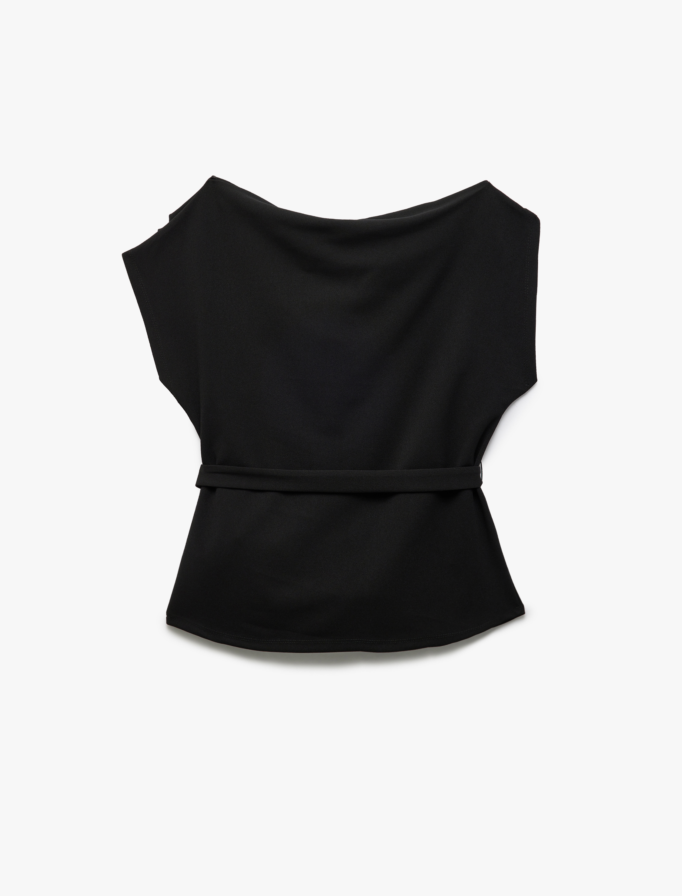   Krep Scuba Kumaş Degaje Yaka Metal Aksesuarlı Kemerli Kolsuz Bluz