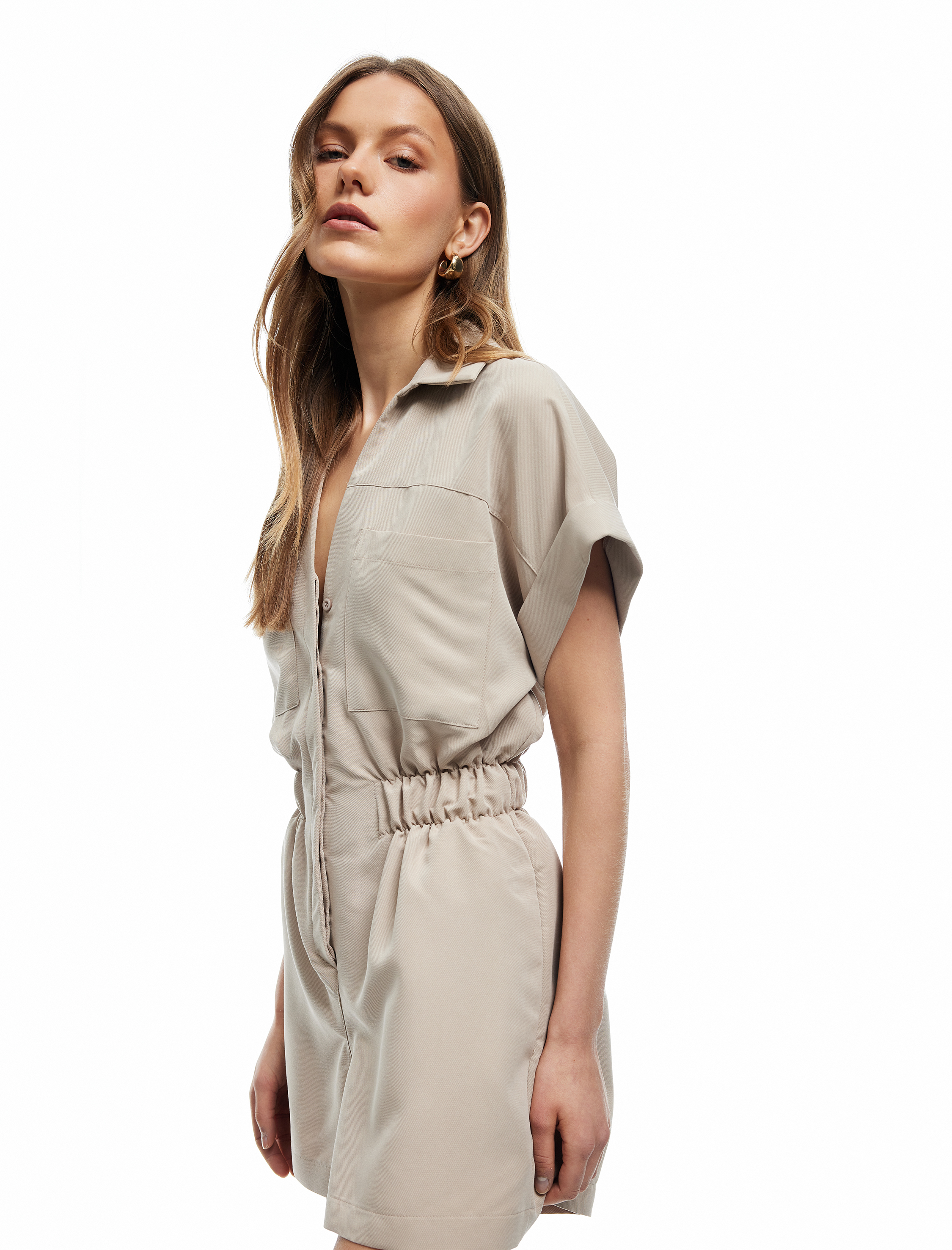   Cupro Modal Kumaş Cep Detaylı Beli Lastikli Kısa Kollu Gömlek Yaka Şort Tulum