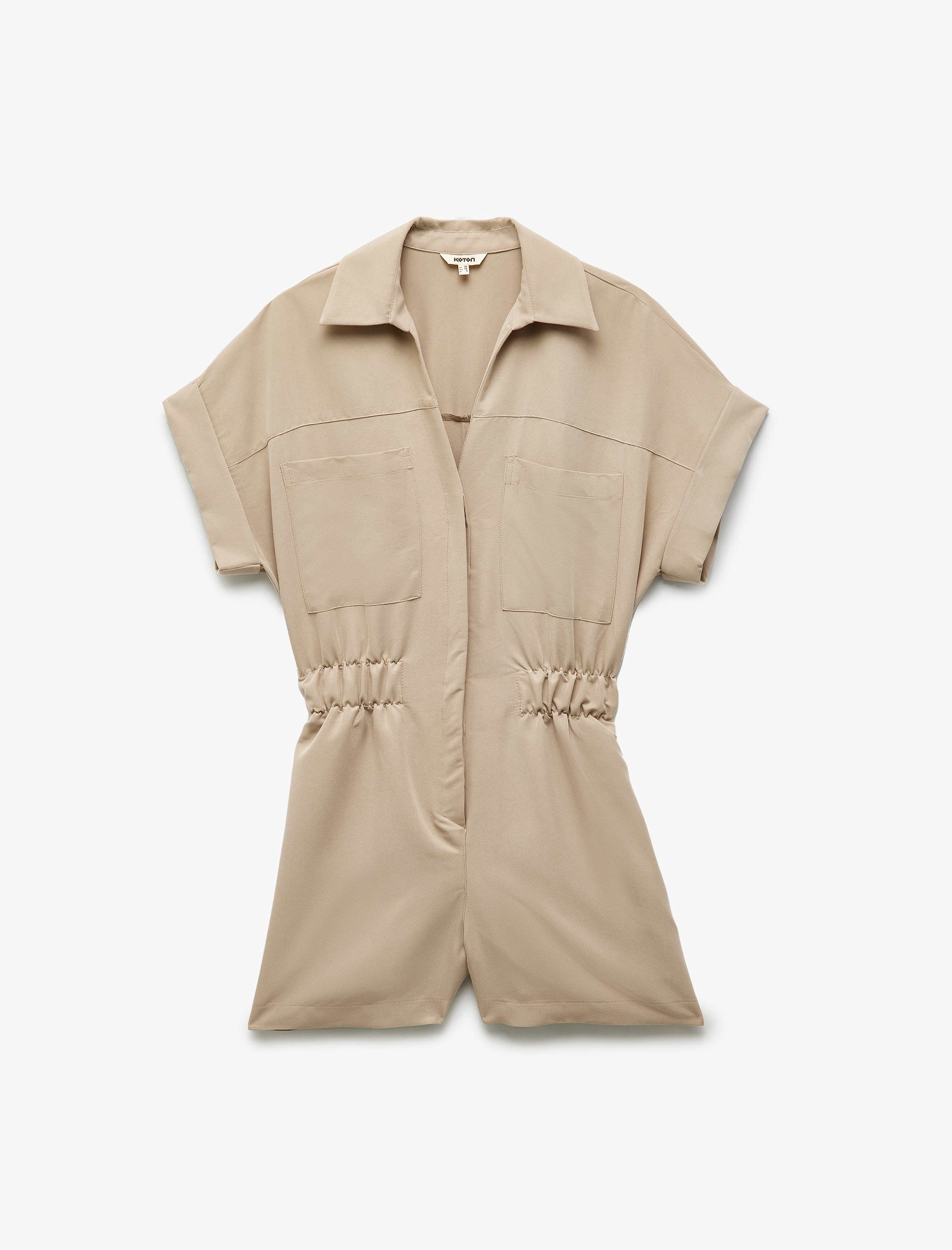   Cupro Modal Kumaş Cep Detaylı Beli Lastikli Kısa Kollu Gömlek Yaka Şort Tulum