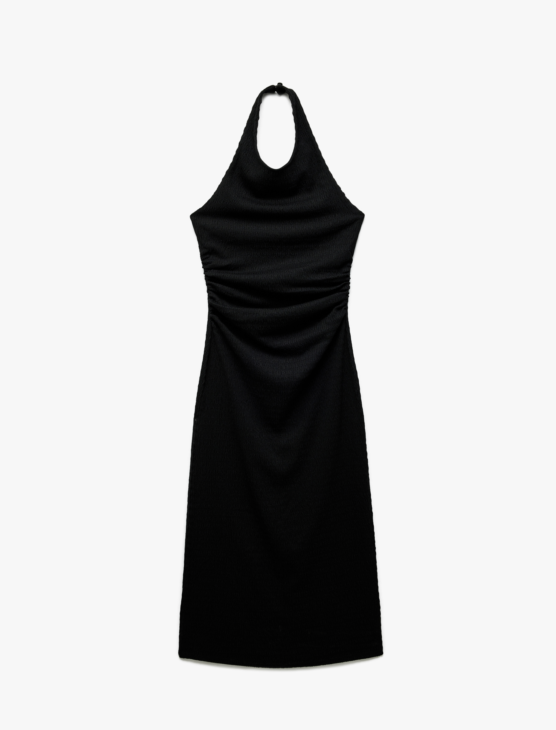   Kolsuz Drapeli Sırt Detaylı Midi Boy Halter Yaka Elbise