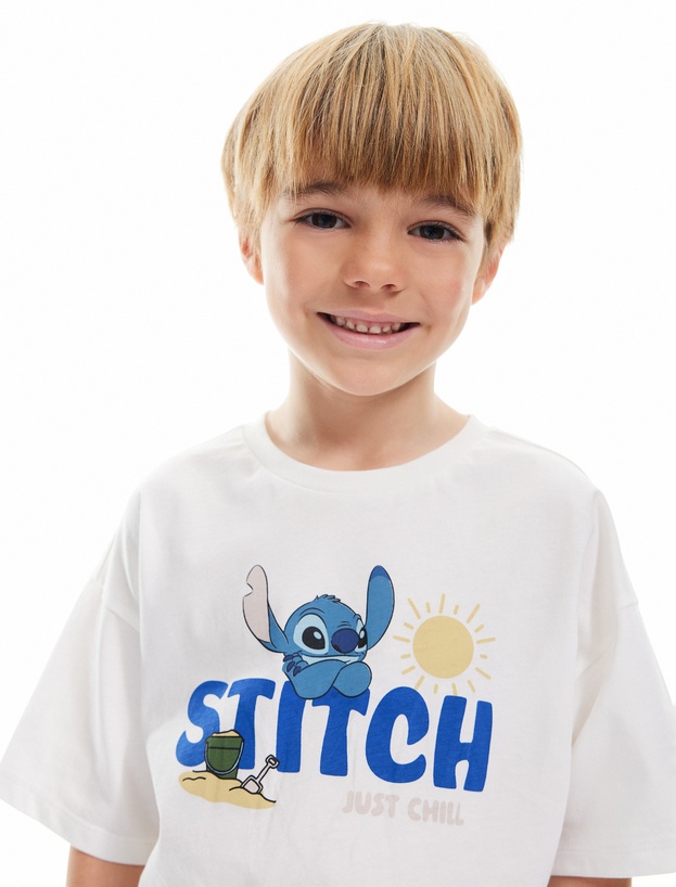 Kısa Kollu Pamuklu Bisiklet Yaka Baskılı Lisanslı Stitch Tişört_1