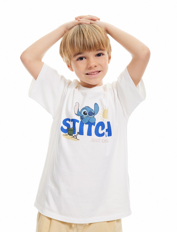 Erkek Çocuk Kısa Kollu Pamuklu Bisiklet Yaka Baskılı Lisanslı Stitch Tişört