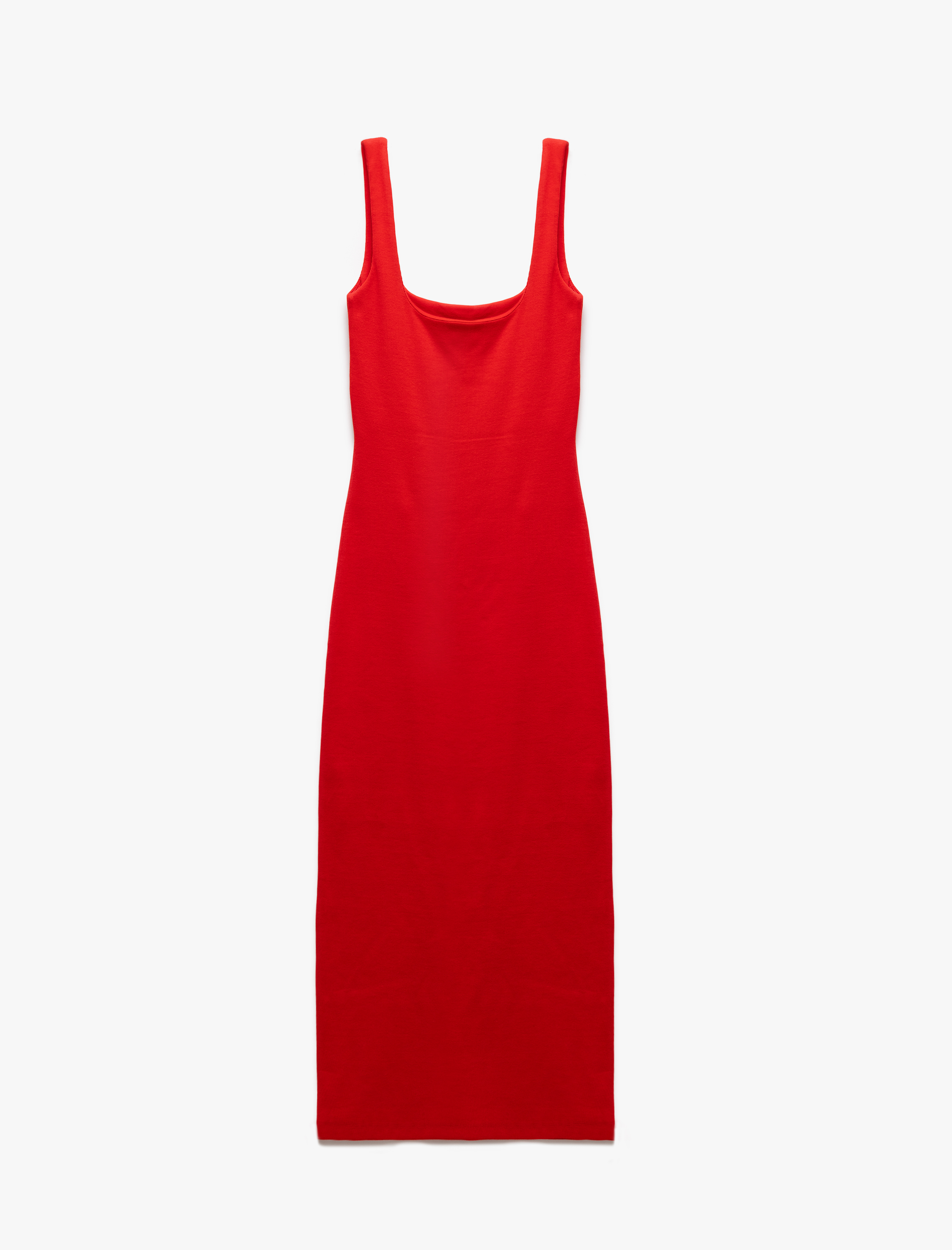 Koton X Sibil Çetinkaya - Pamuklu Yırtmaç Detaylı Slim Fit Kare Yaka Askılı Elbise