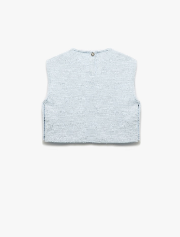 Kız Çocuk Bisiklet Yaka Kolsuz Düğme Detaylı Tüvit Crop Bluz