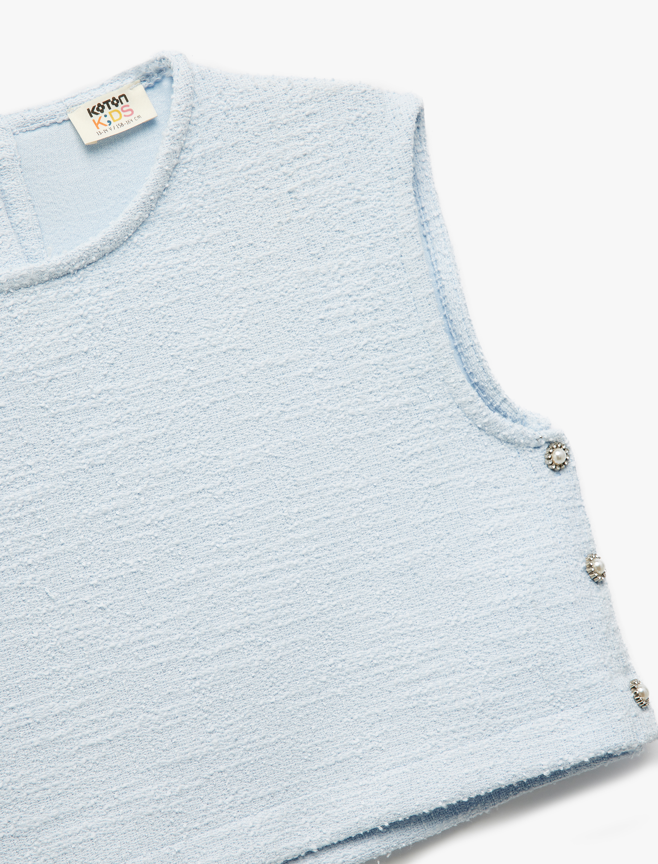  Kız Çocuk Bisiklet Yaka Kolsuz Düğme Detaylı Tüvit Crop Bluz