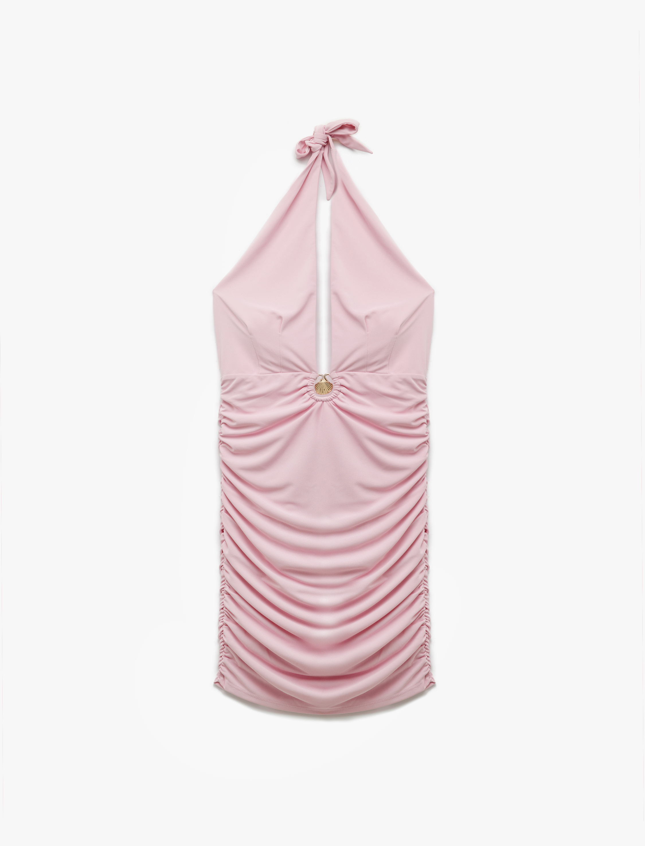   Koton X Sibil Çetinkaya - Deniz Kabuğu Detaylı Astarlı Drapeli Halter Yaka Mini Elbise