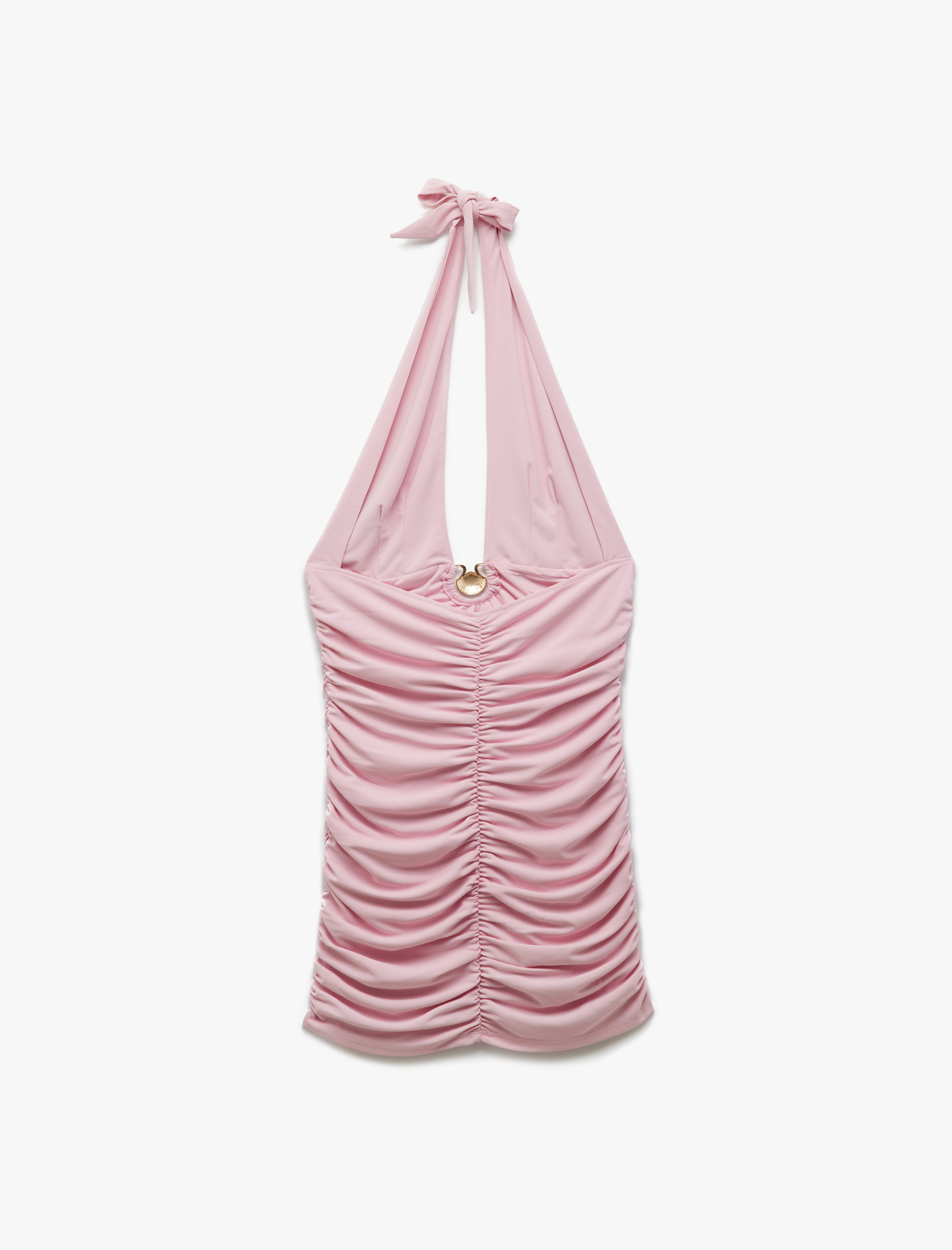   Koton X Sibil Çetinkaya - Deniz Kabuğu Detaylı Astarlı Drapeli Halter Yaka Mini Elbise