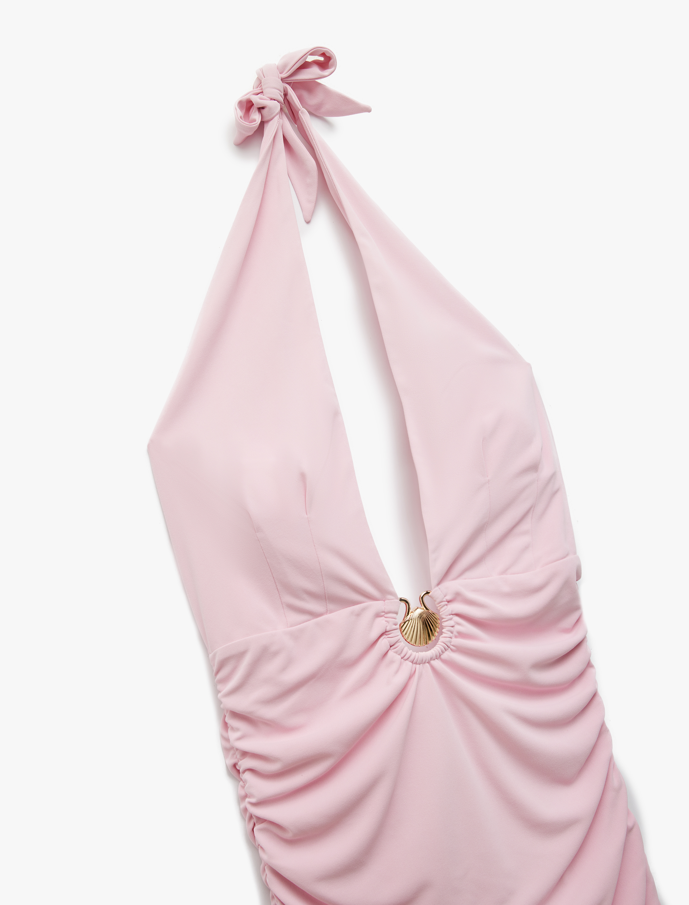   Koton X Sibil Çetinkaya - Deniz Kabuğu Detaylı Astarlı Drapeli Halter Yaka Mini Elbise