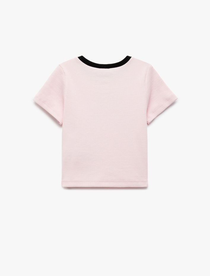 Kız Çocuk Kurdele Nakış Detaylı Bisiklet Yaka Kısa Kollu Pamuklu Tişört