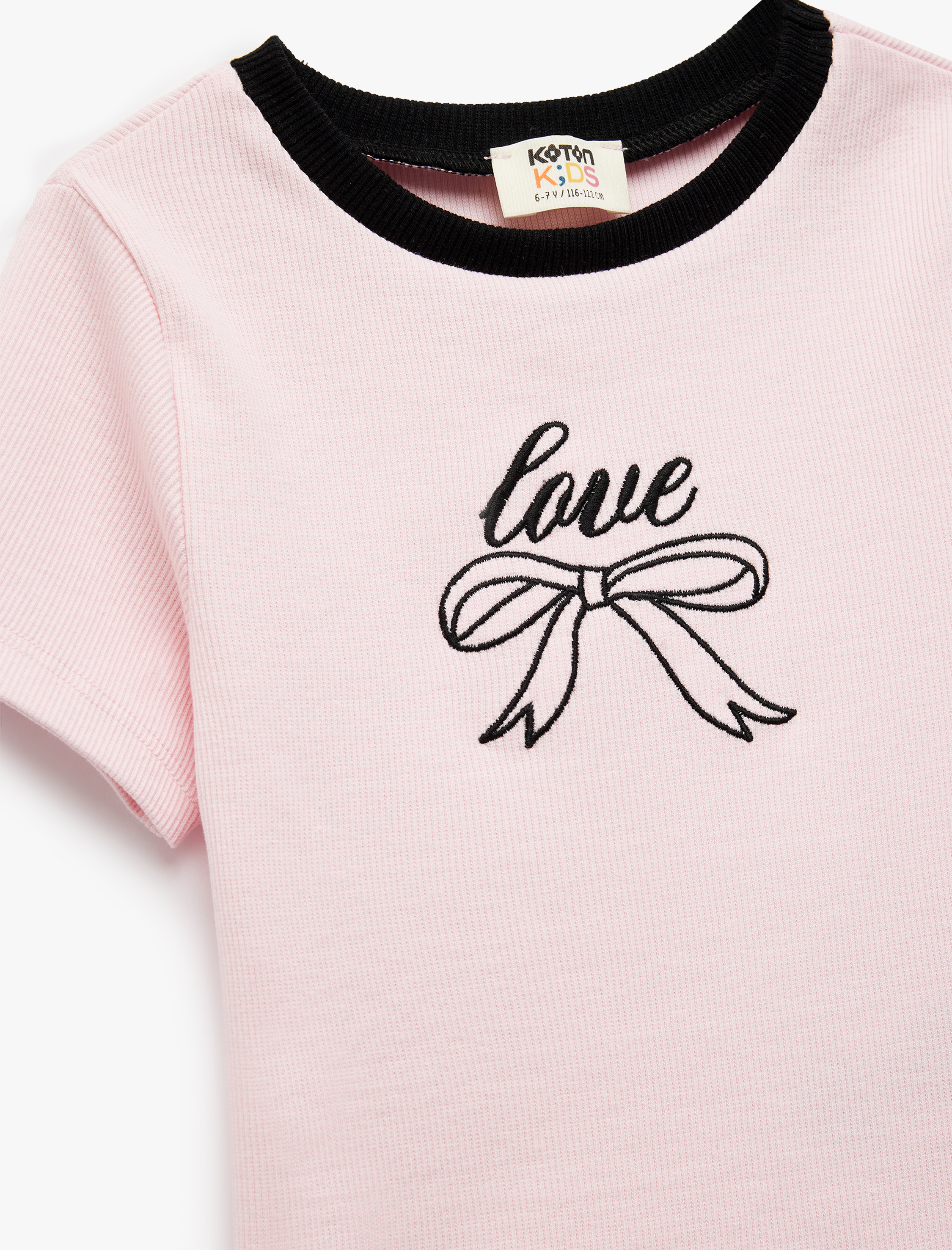  Kız Çocuk Kurdele Nakış Detaylı Bisiklet Yaka Kısa Kollu Pamuklu Tişört