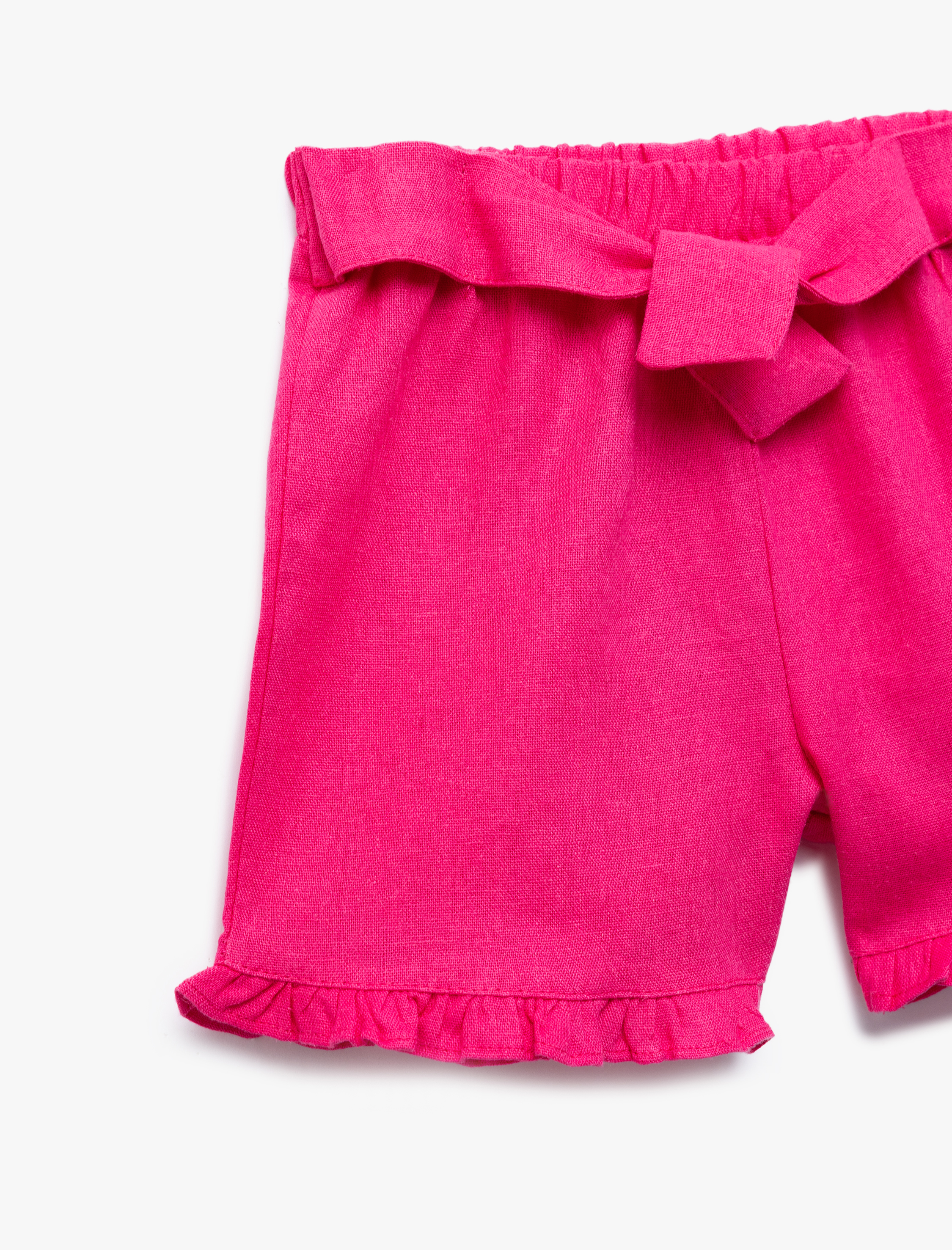  Kız Bebek Beli Lastikli Bağlama Detaylı Fırfırlı Keten Karışımlı Şort
