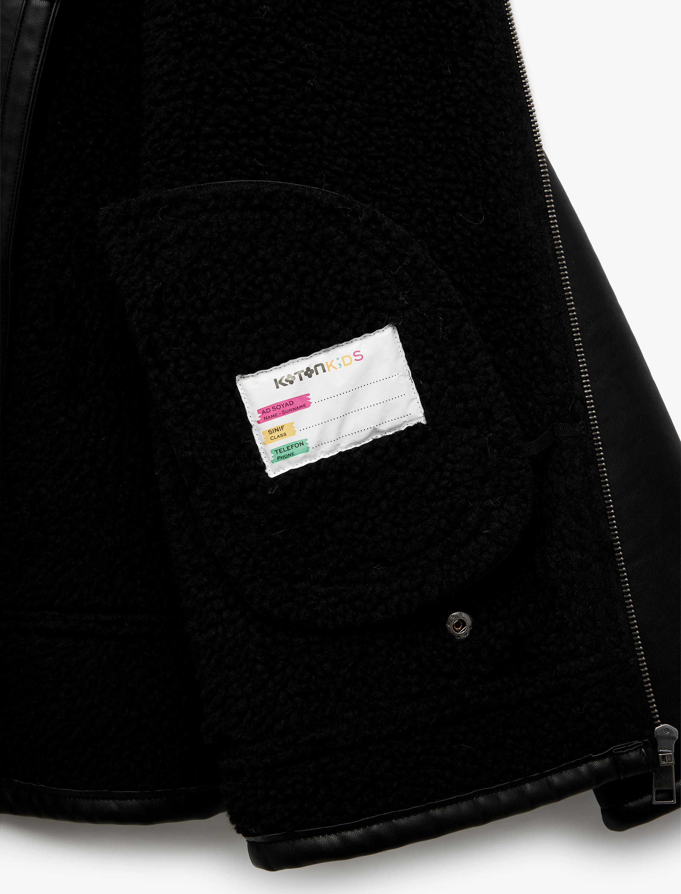  Erkek Çocuk Peluş Detaylı Uzun Kollu Kruvaze Yaka Biker Deri Ceket