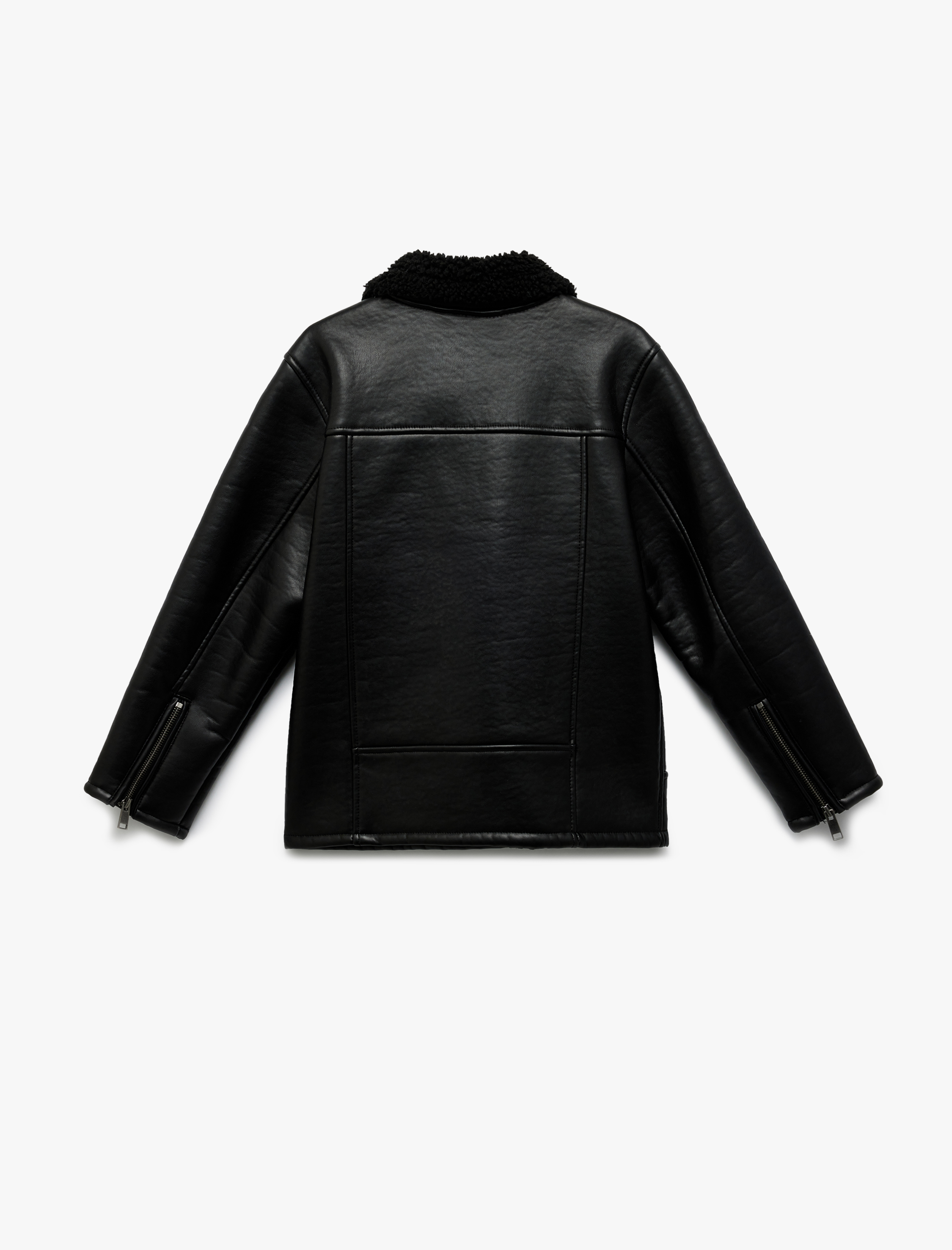  Erkek Çocuk Peluş Detaylı Uzun Kollu Kruvaze Yaka Biker Deri Ceket