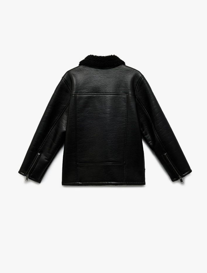 Erkek Çocuk Peluş Detaylı Uzun Kollu Kruvaze Yaka Biker Deri Ceket