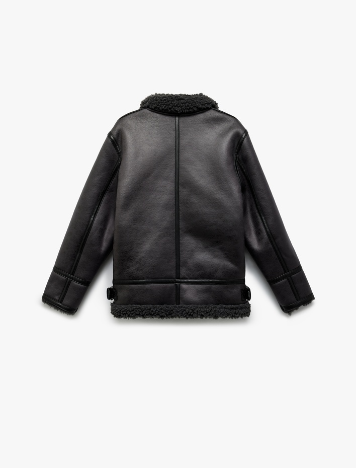 Erkek Çocuk Uzun Kollu Peluş Yaka Detaylı Cepli Fermuarlı Deri Ceket