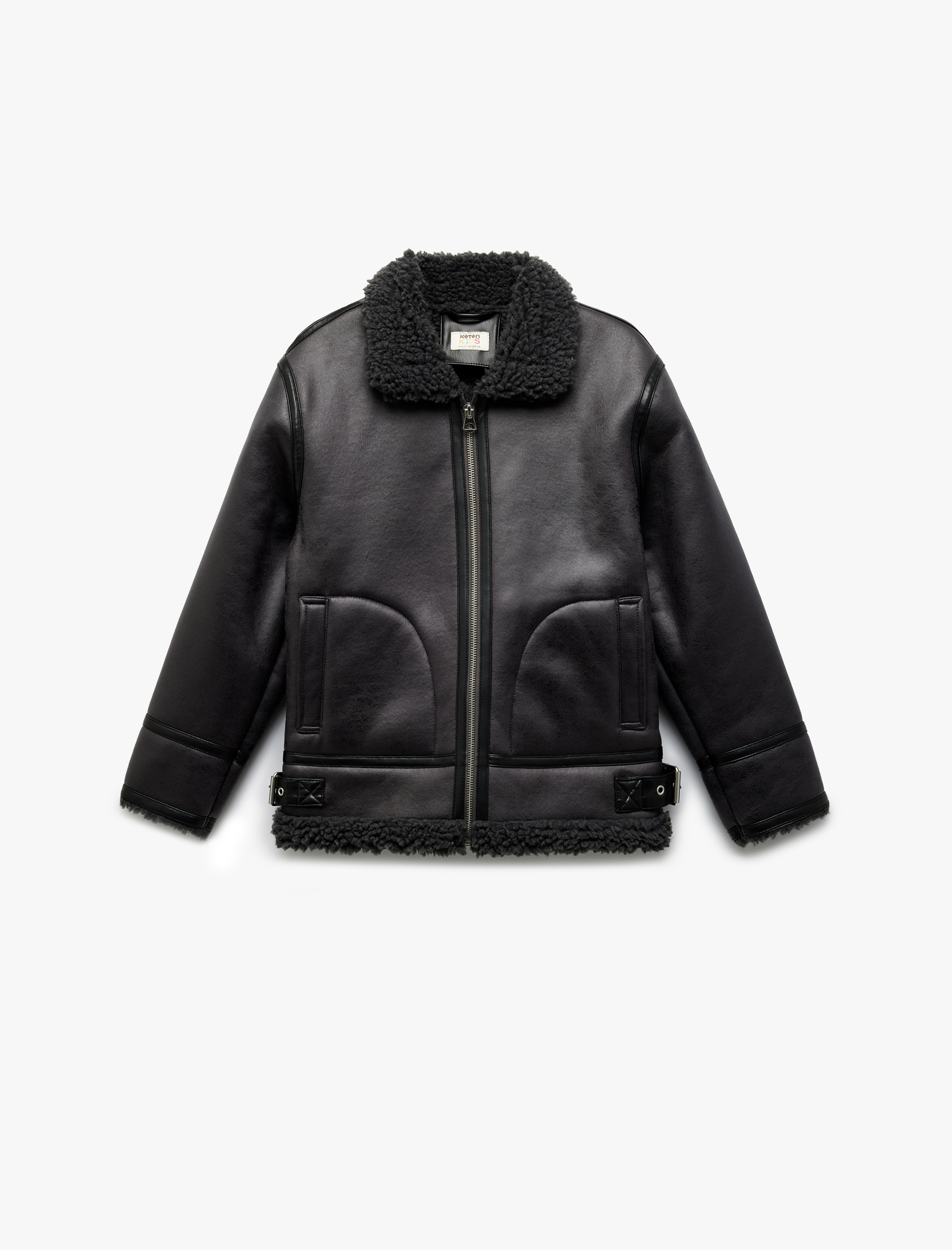  Erkek Çocuk Uzun Kollu Peluş Yaka Detaylı Cepli Fermuarlı Deri Ceket