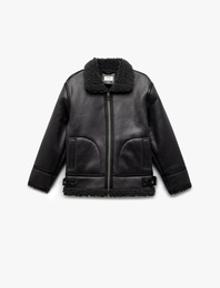 Uzun Kollu Peluş Yaka Detaylı Cepli Fermuarlı Deri Ceket