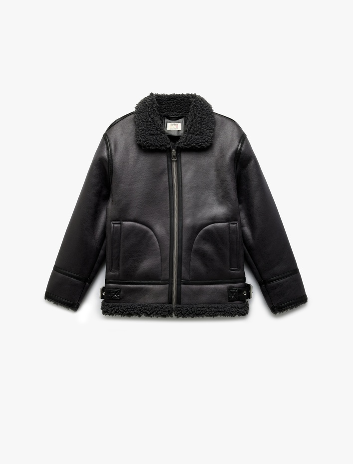 Erkek Çocuk Uzun Kollu Peluş Yaka Detaylı Cepli Fermuarlı Deri Ceket