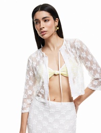 Koton X Sibil Çetinkaya - Transparan Bağlamalı Yaka 3/4 Kollu Dantel Çiçekli Crop Bluz